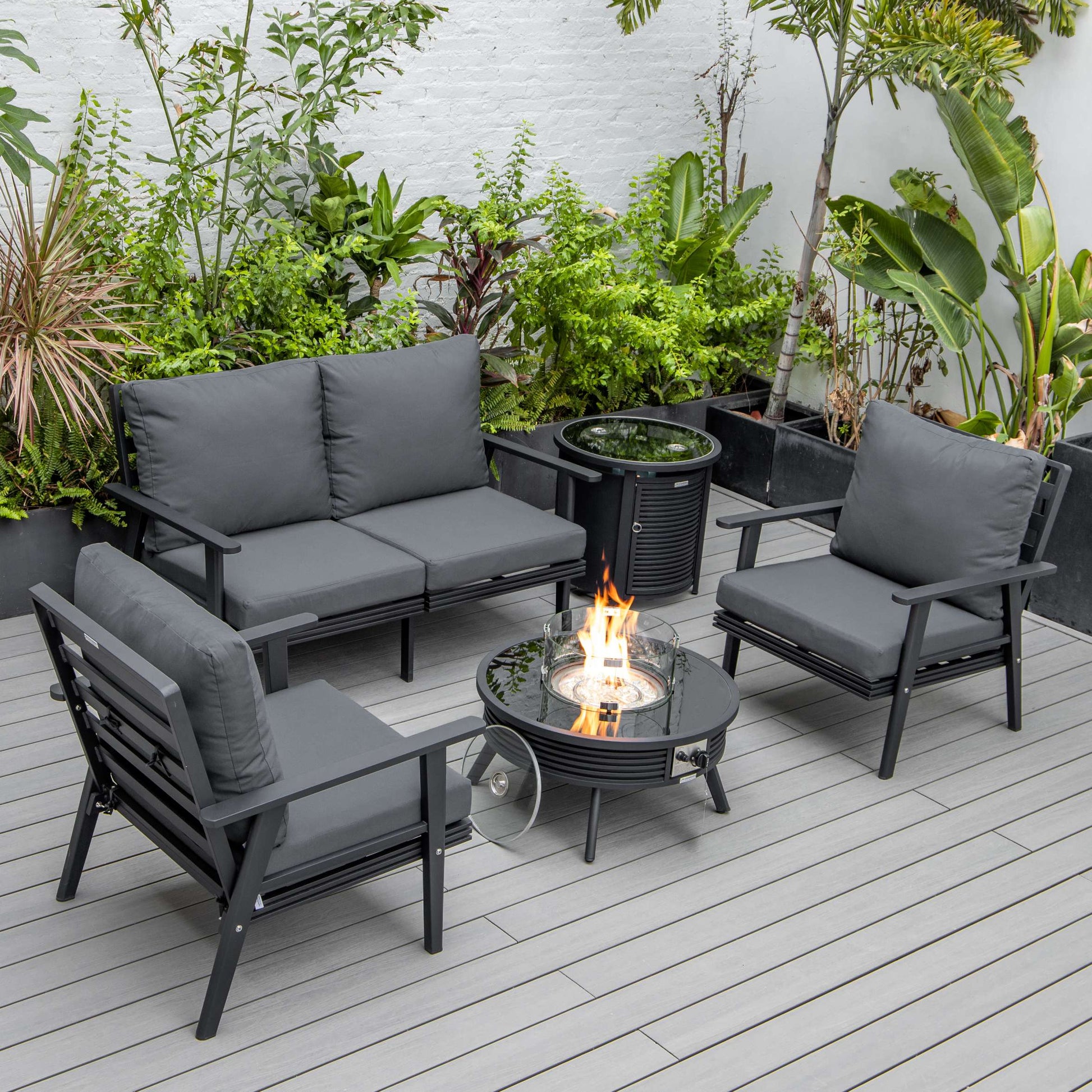 LeisureMod Walbrooke Modern Black Patio Conversation With Round Fire Pit With Slats Design & Tank Holder | Outdoor Sofas, Loveseats & Sectionals | Modishstore - 4