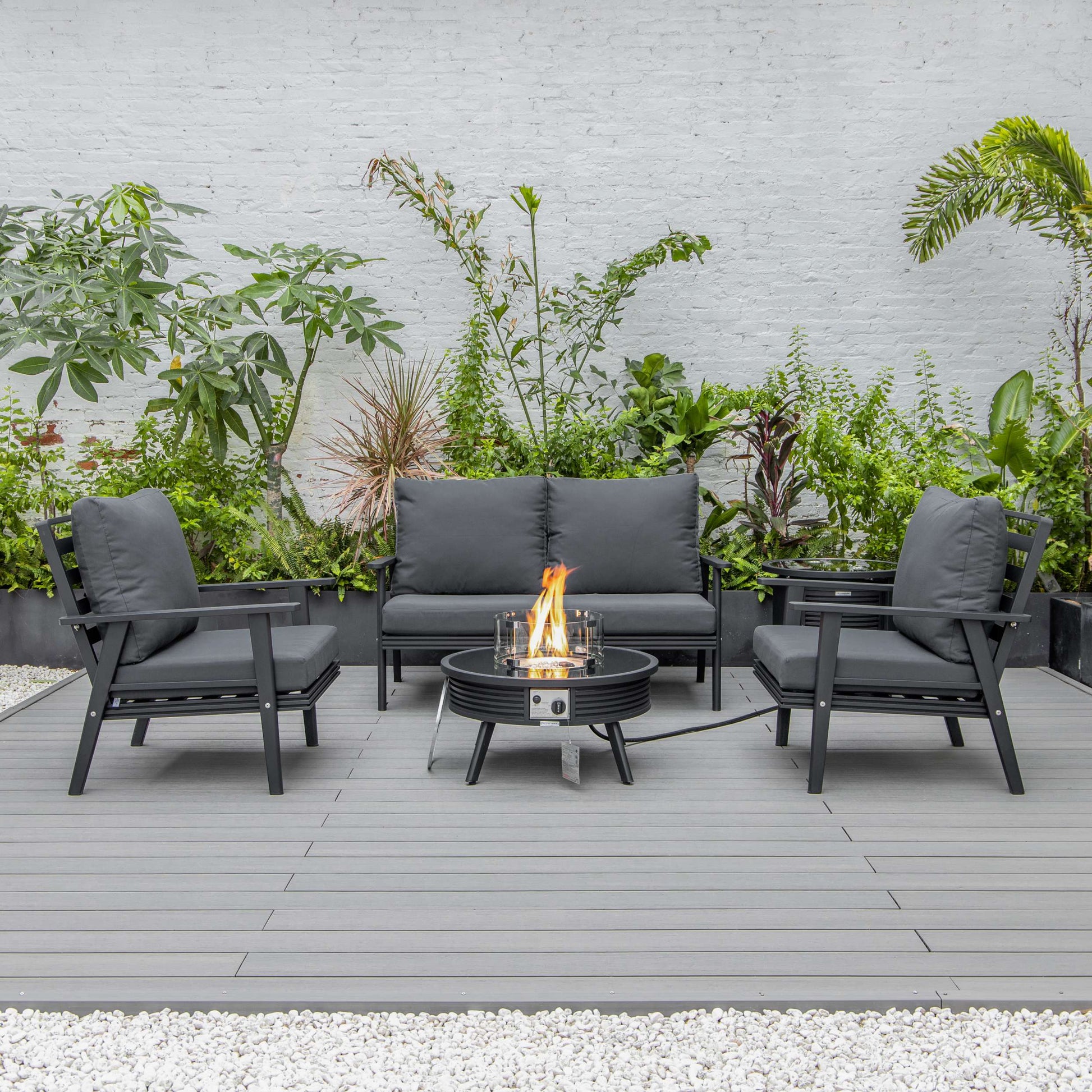 LeisureMod Walbrooke Modern Black Patio Conversation With Round Fire Pit With Slats Design & Tank Holder | Outdoor Sofas, Loveseats & Sectionals | Modishstore - 5