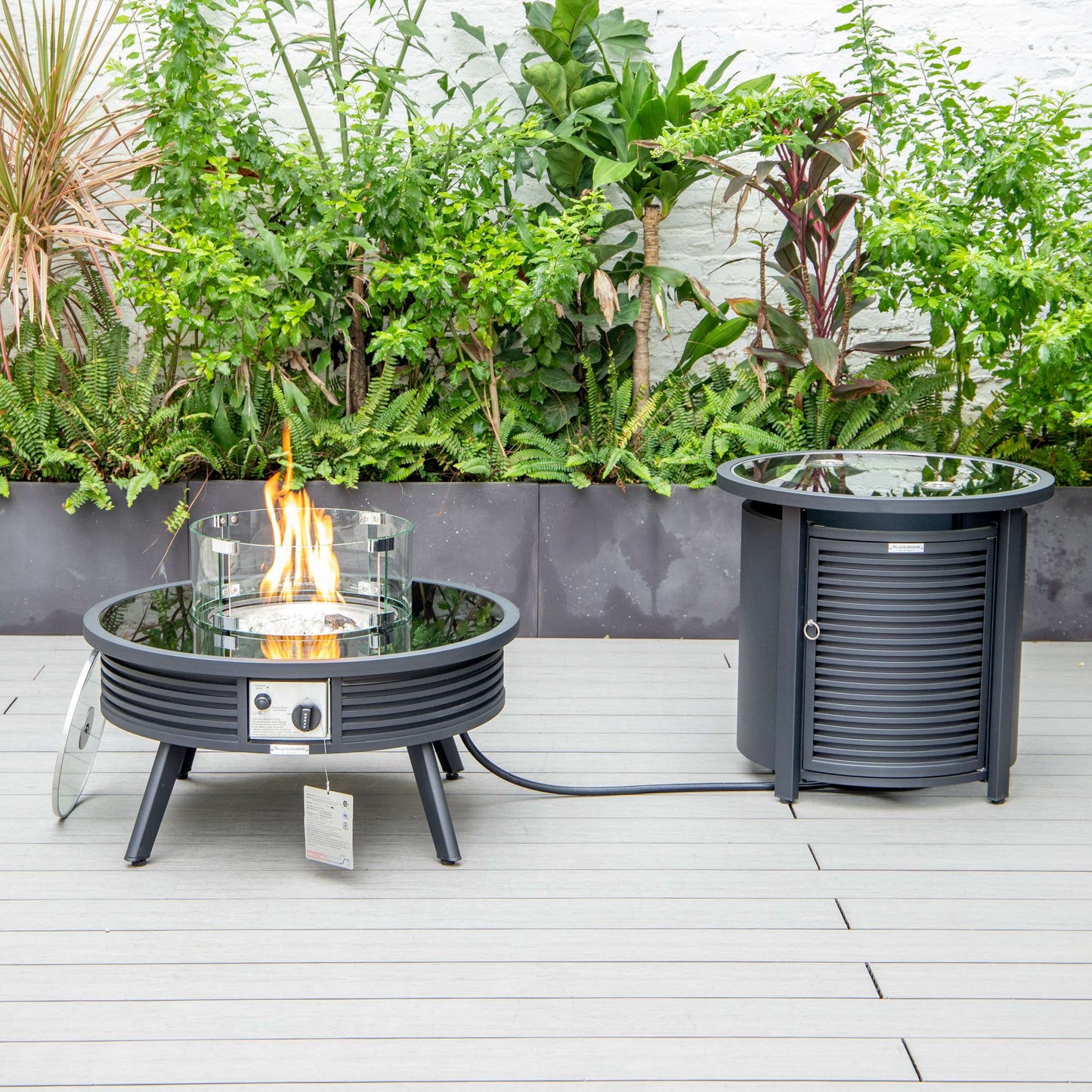 LeisureMod Walbrooke Modern Black Patio Conversation With Round Fire Pit With Slats Design & Tank Holder | Outdoor Sofas, Loveseats & Sectionals | Modishstore - 18
