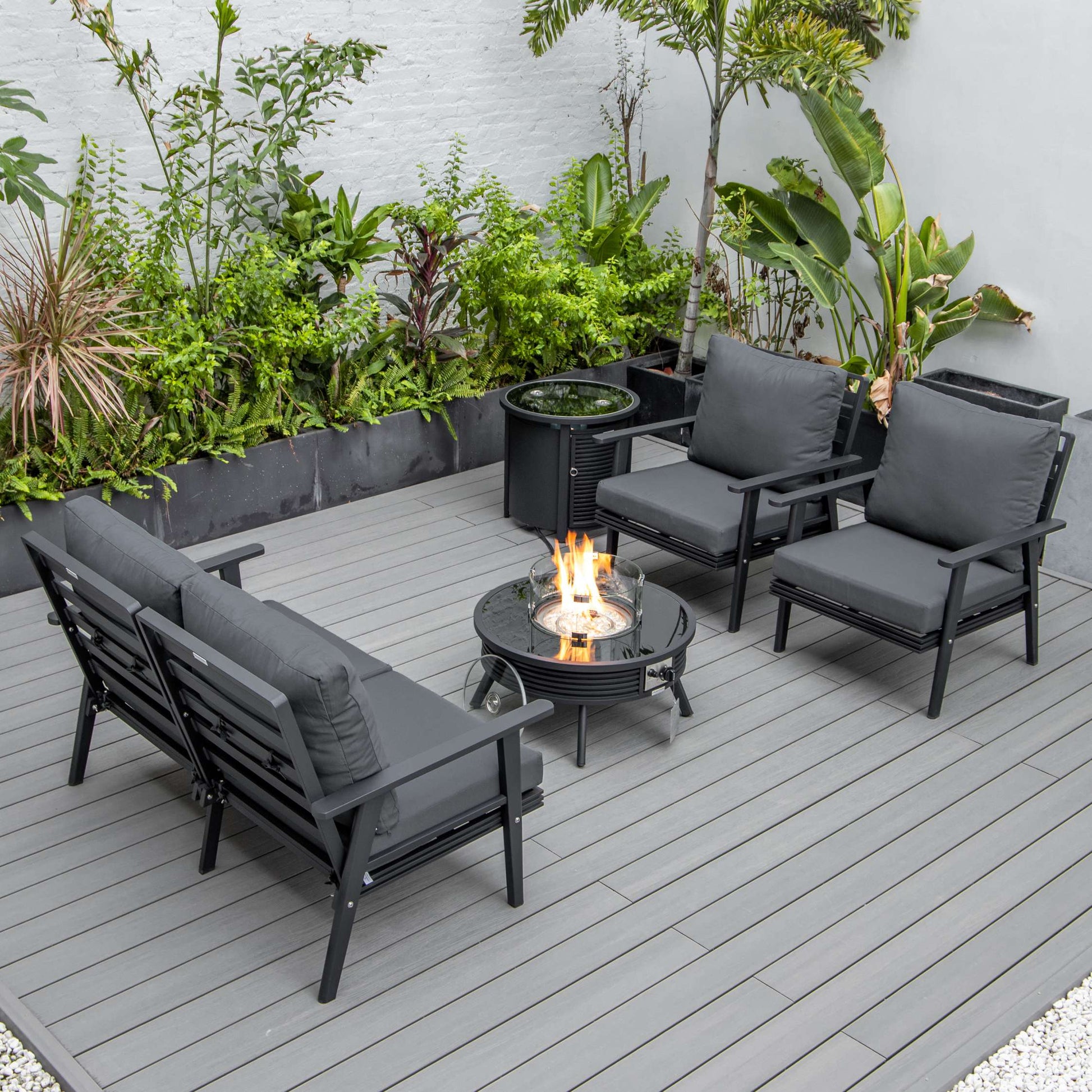 LeisureMod Walbrooke Modern Black Patio Conversation With Round Fire Pit With Slats Design & Tank Holder | Outdoor Sofas, Loveseats & Sectionals | Modishstore