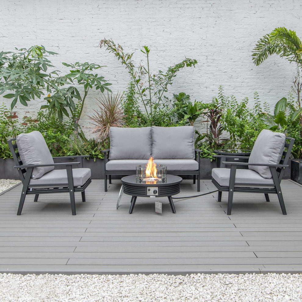 LeisureMod Walbrooke Modern Black Patio Conversation With Round Fire Pit With Slats Design & Tank Holder | Outdoor Sofas, Loveseats & Sectionals | Modishstore - 29