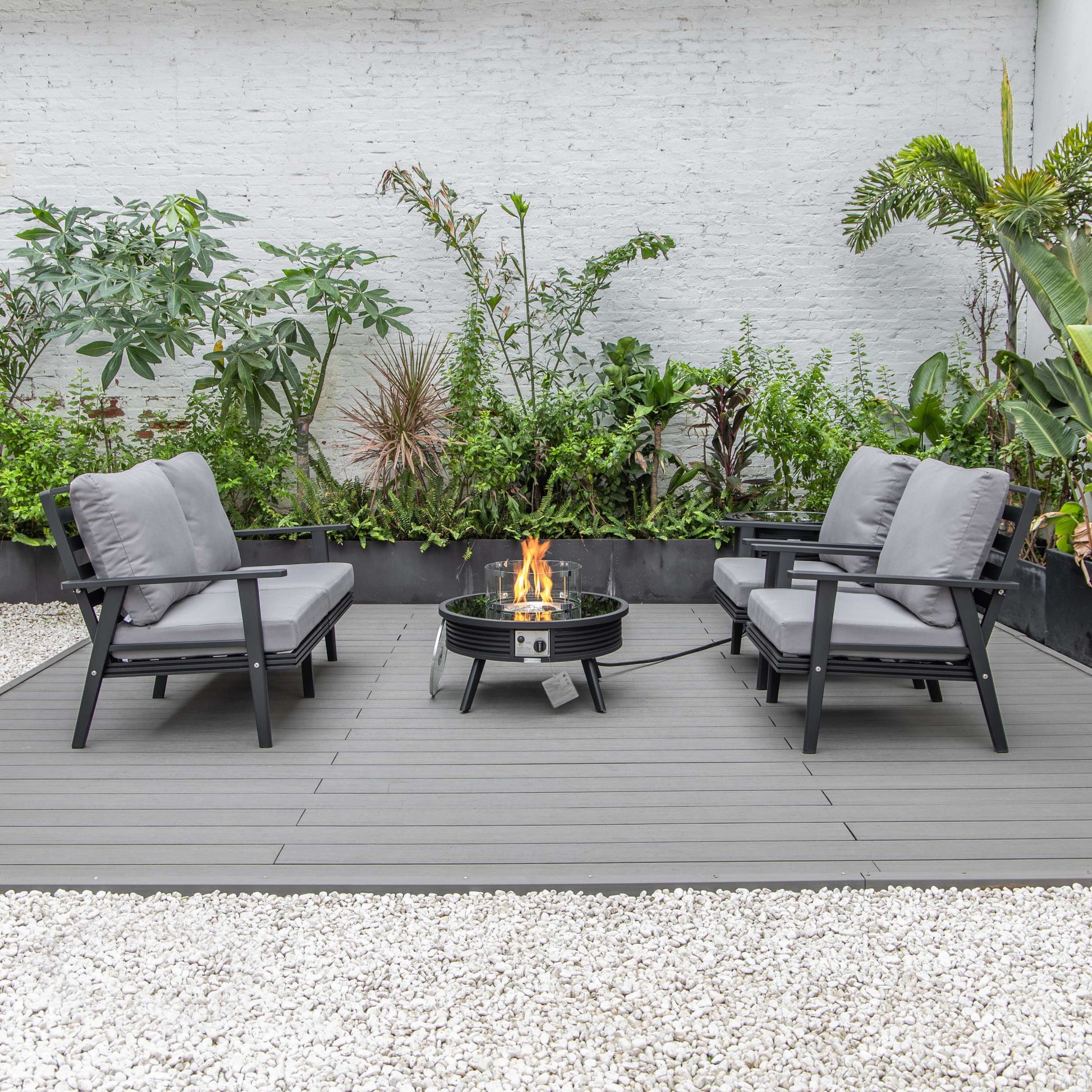 LeisureMod Walbrooke Modern Black Patio Conversation With Round Fire Pit With Slats Design & Tank Holder | Outdoor Sofas, Loveseats & Sectionals | Modishstore - 25