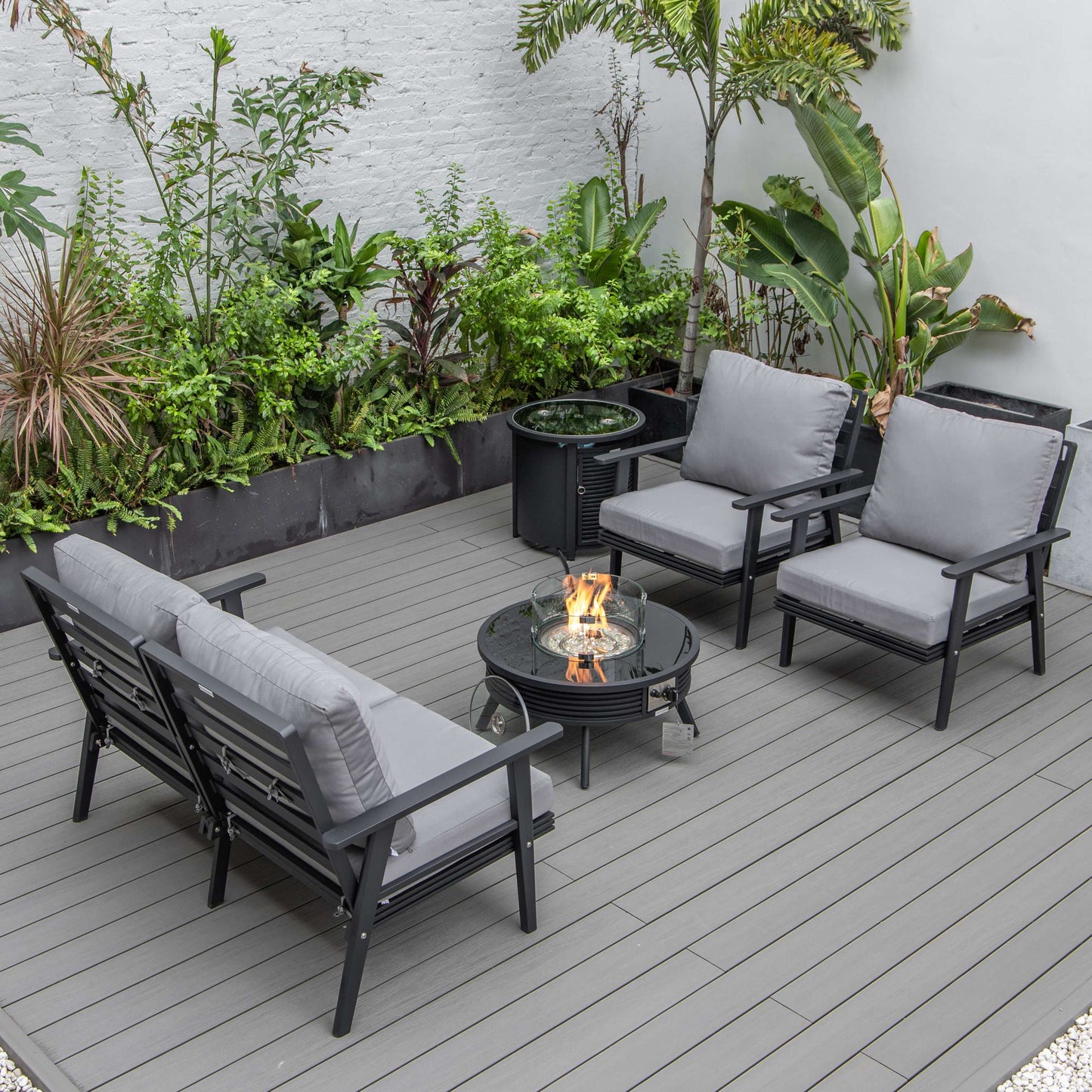 LeisureMod Walbrooke Modern Black Patio Conversation With Round Fire Pit With Slats Design & Tank Holder | Outdoor Sofas, Loveseats & Sectionals | Modishstore - 26