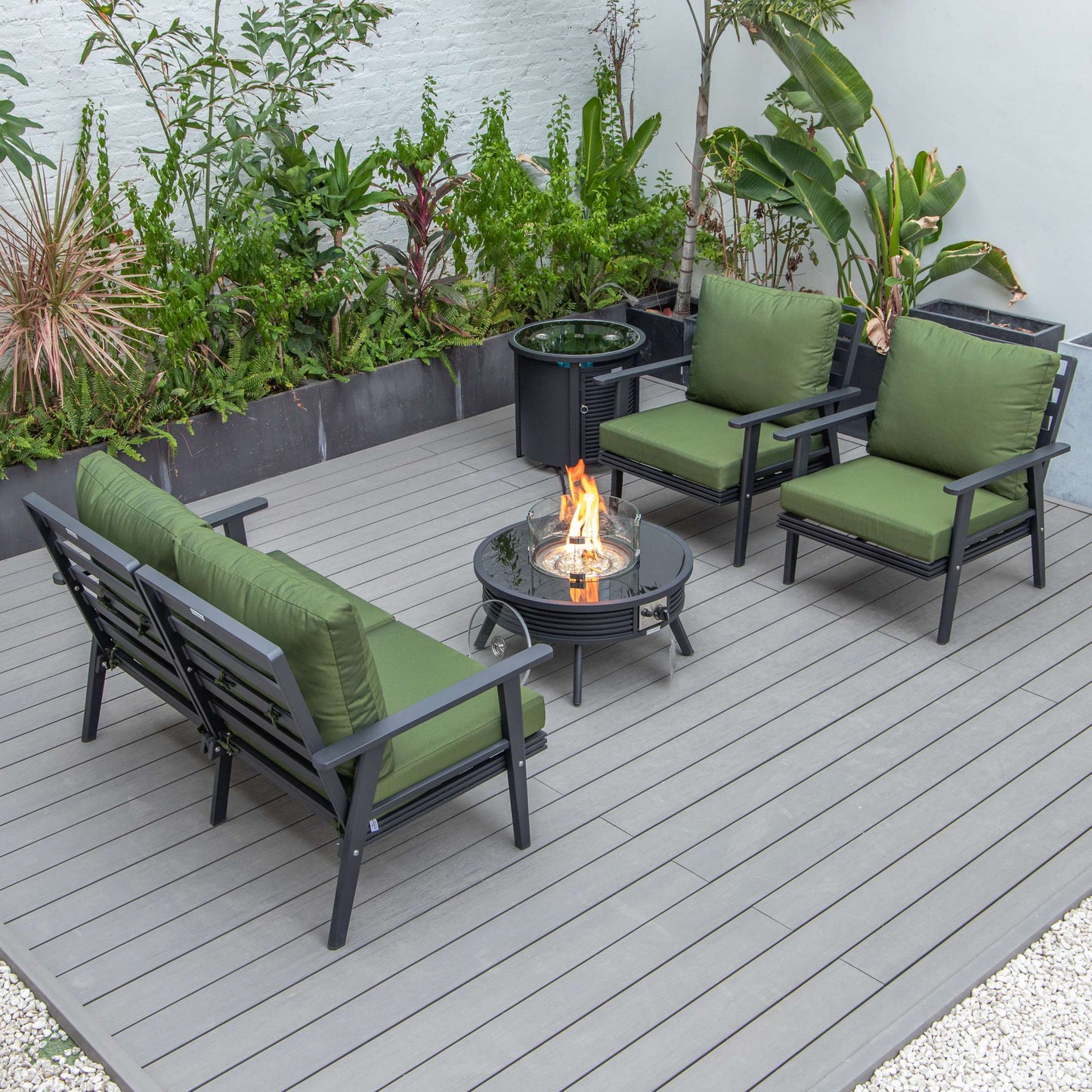 LeisureMod Walbrooke Modern Black Patio Conversation With Round Fire Pit With Slats Design & Tank Holder | Outdoor Sofas, Loveseats & Sectionals | Modishstore - 35