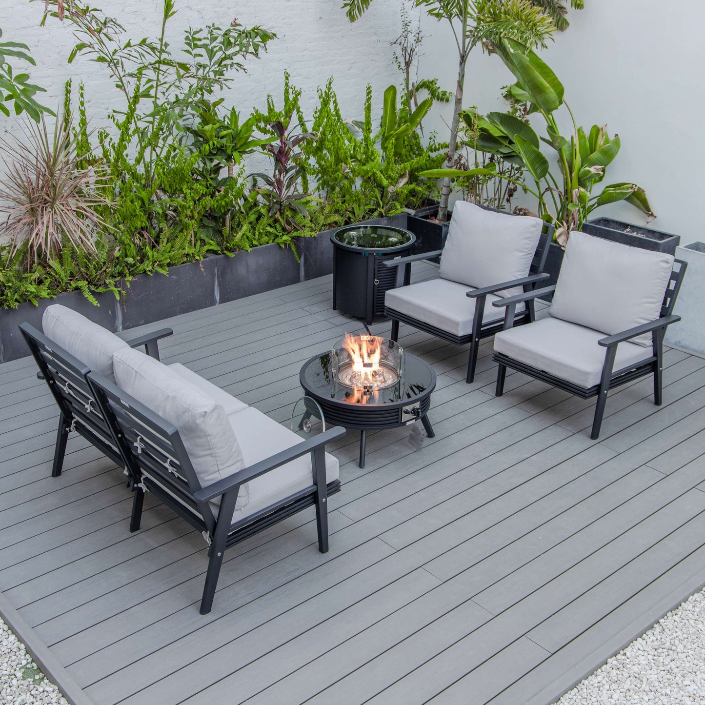 LeisureMod Walbrooke Modern Black Patio Conversation With Round Fire Pit With Slats Design & Tank Holder | Outdoor Sofas, Loveseats & Sectionals | Modishstore - 30
