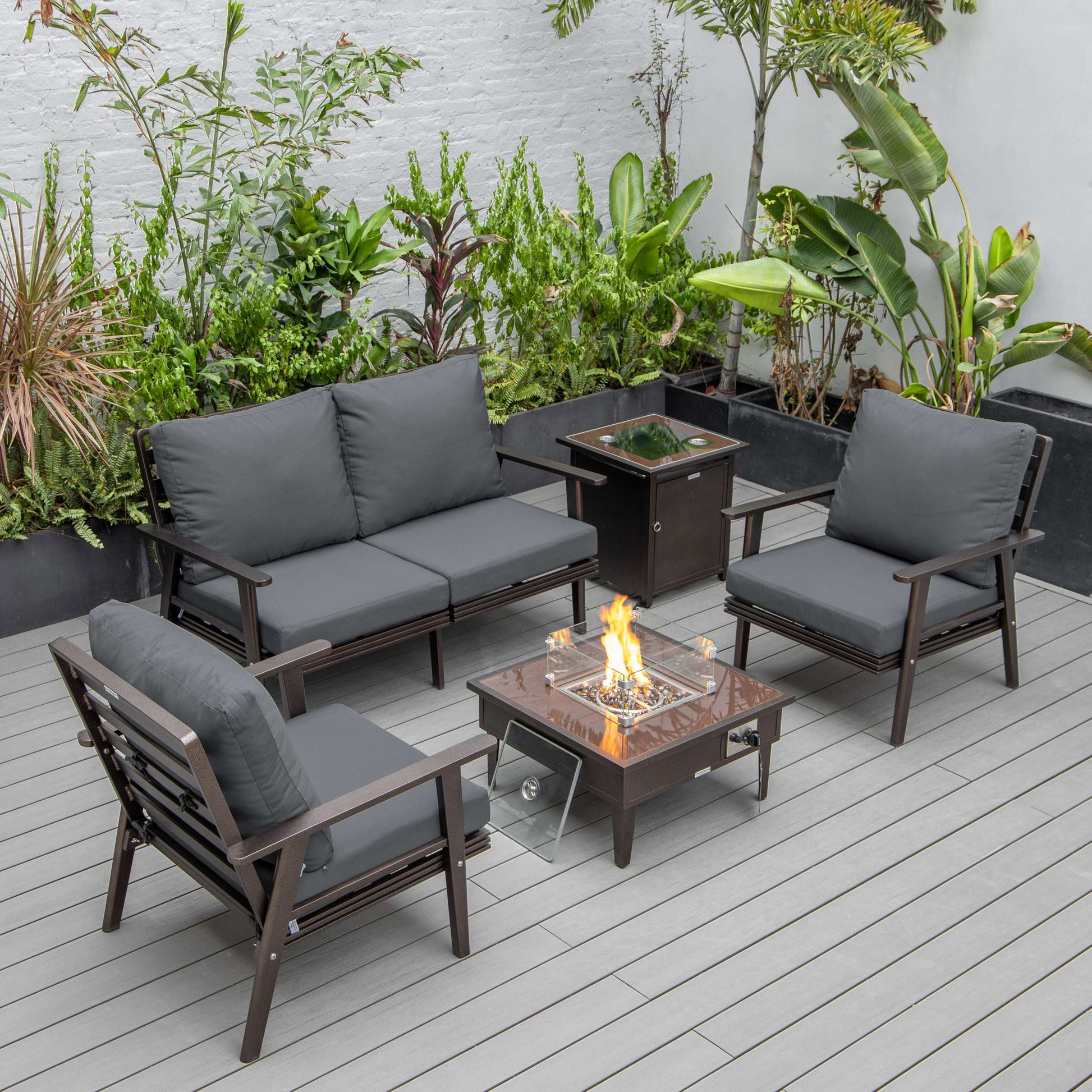 LeisureMod Walbrooke Modern Brown Patio Conversation With Square Fire Pit & Tank Holder | Outdoor Sofas, Loveseats & Sectionals | Modishstore - 9