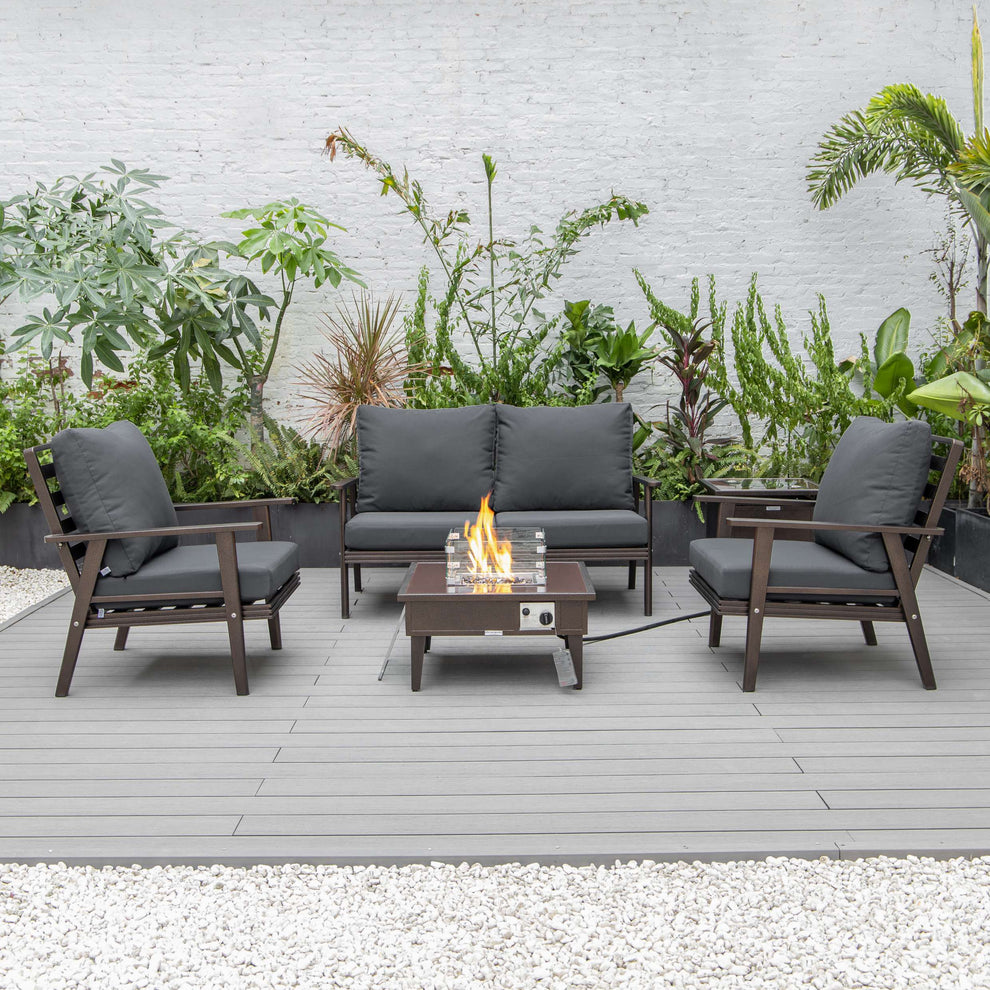 LeisureMod Walbrooke Modern Brown Patio Conversation With Square Fire Pit & Tank Holder | Outdoor Sofas, Loveseats & Sectionals | Modishstore