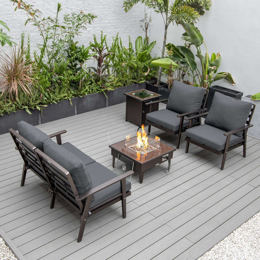 LeisureMod Walbrooke Modern Brown Patio Conversation With Square Fire Pit & Tank Holder | Outdoor Sofas, Loveseats & Sectionals | Modishstore - 3