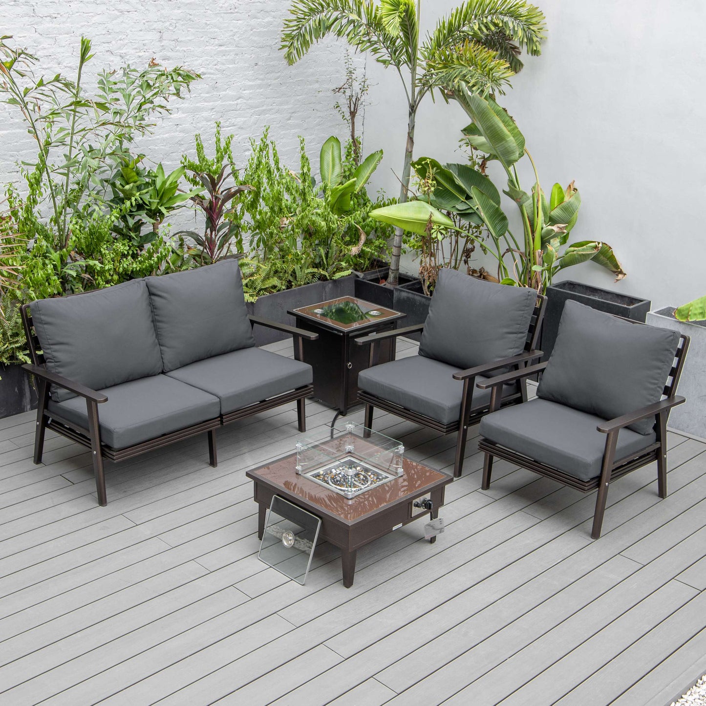 LeisureMod Walbrooke Modern Brown Patio Conversation With Square Fire Pit & Tank Holder | Outdoor Sofas, Loveseats & Sectionals | Modishstore - 4