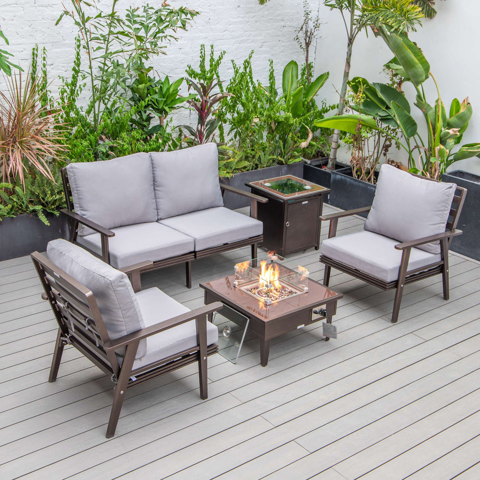 LeisureMod Walbrooke Modern Brown Patio Conversation With Square Fire Pit & Tank Holder | Outdoor Sofas, Loveseats & Sectionals | Modishstore - 187