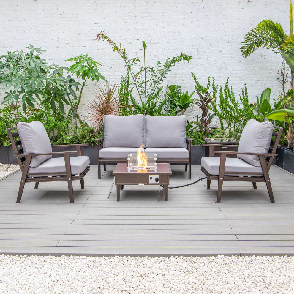 LeisureMod Walbrooke Modern Brown Patio Conversation With Square Fire Pit & Tank Holder | Outdoor Sofas, Loveseats & Sectionals | Modishstore - 140