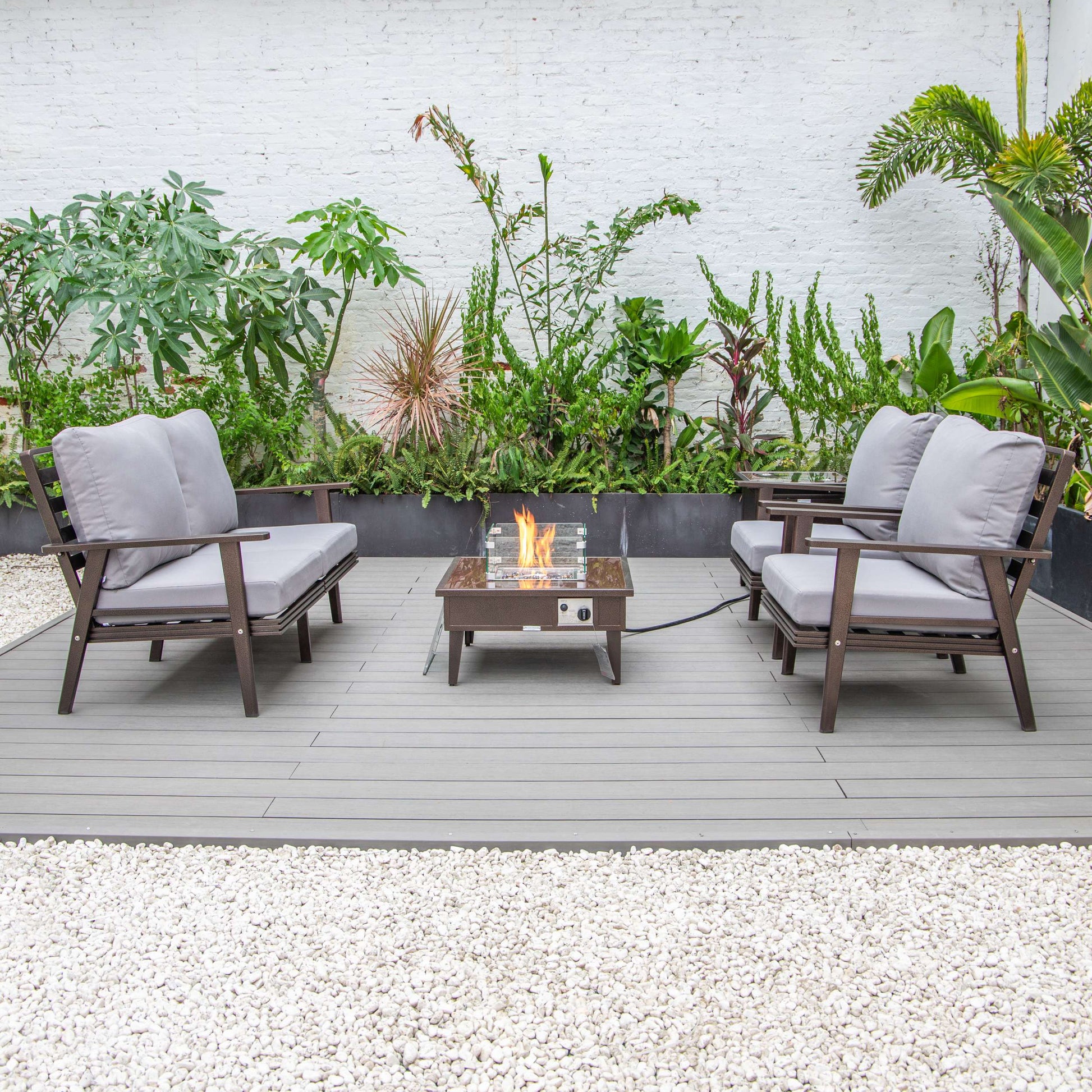 LeisureMod Walbrooke Modern Brown Patio Conversation With Square Fire Pit & Tank Holder | Outdoor Sofas, Loveseats & Sectionals | Modishstore - 137