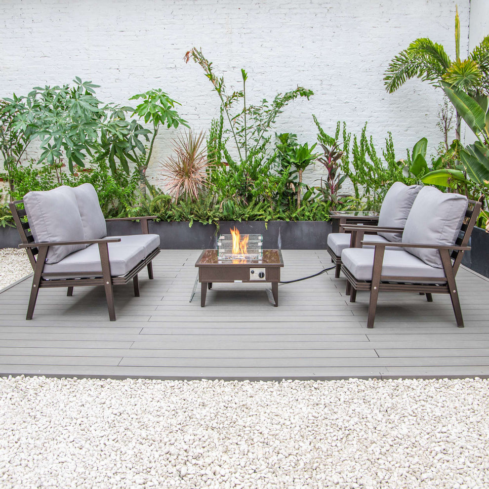LeisureMod Walbrooke Modern Brown Patio Conversation With Square Fire Pit & Tank Holder | Outdoor Sofas, Loveseats & Sectionals | Modishstore - 185