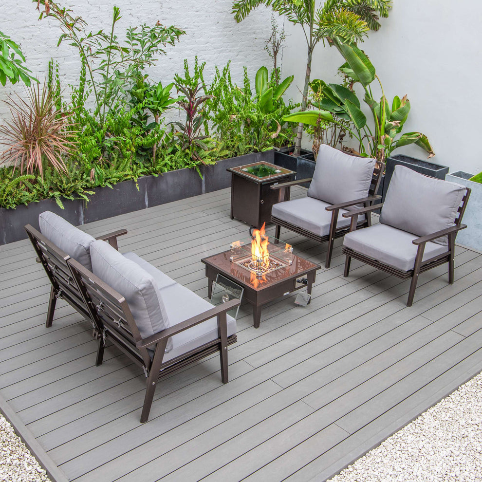 LeisureMod Walbrooke Modern Brown Patio Conversation With Square Fire Pit & Tank Holder | Outdoor Sofas, Loveseats & Sectionals | Modishstore - 136
