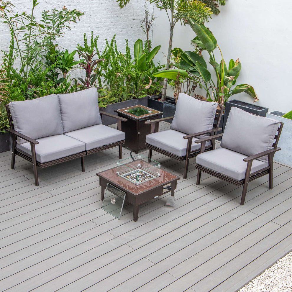LeisureMod Walbrooke Modern Brown Patio Conversation With Square Fire Pit & Tank Holder | Outdoor Sofas, Loveseats & Sectionals | Modishstore - 138