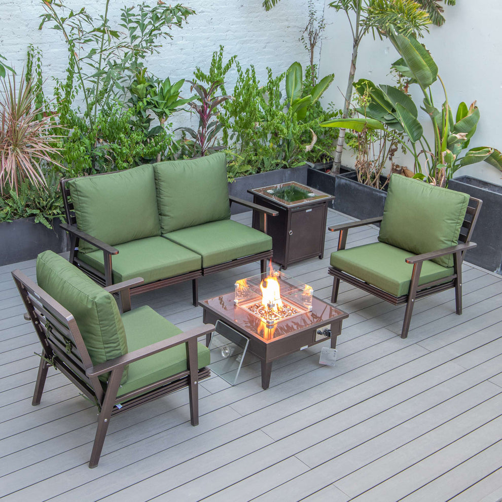 LeisureMod Walbrooke Modern Brown Patio Conversation With Square Fire Pit & Tank Holder | Outdoor Sofas, Loveseats & Sectionals | Modishstore - 149