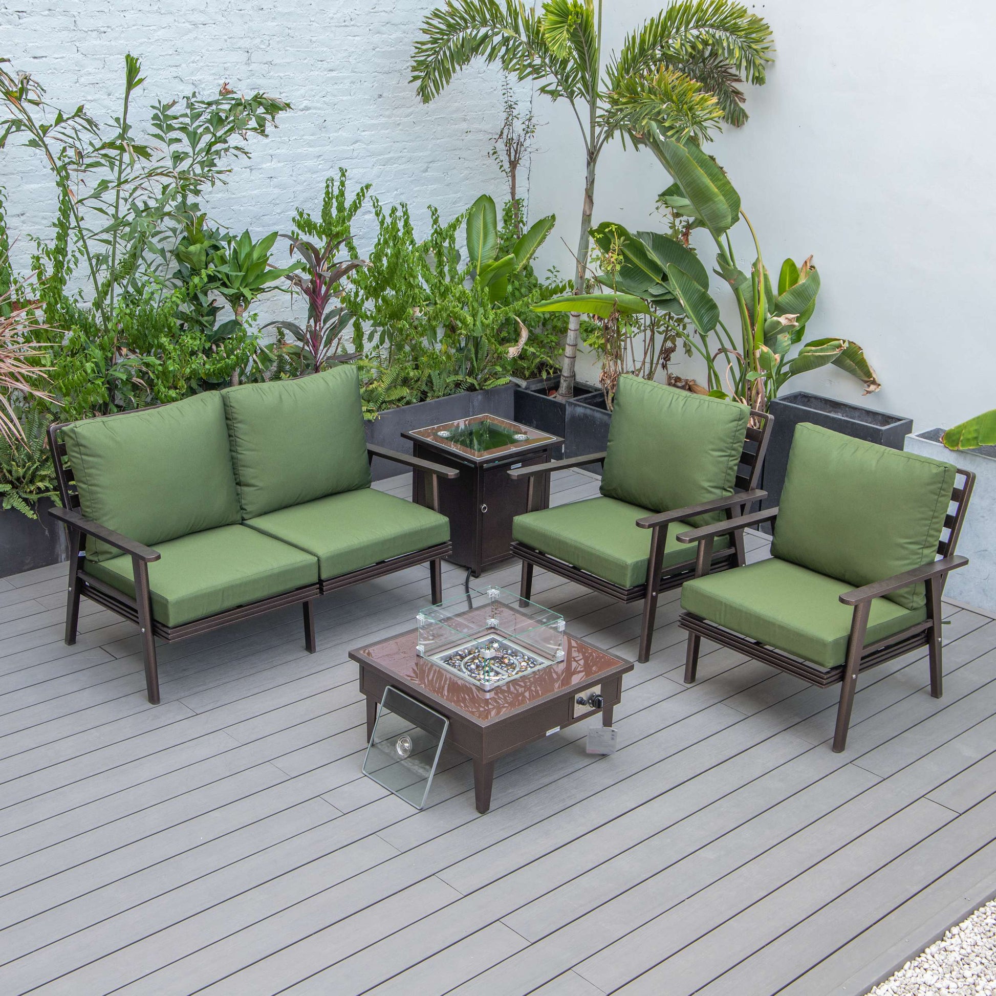 LeisureMod Walbrooke Modern Brown Patio Conversation With Square Fire Pit & Tank Holder | Outdoor Sofas, Loveseats & Sectionals | Modishstore - 148