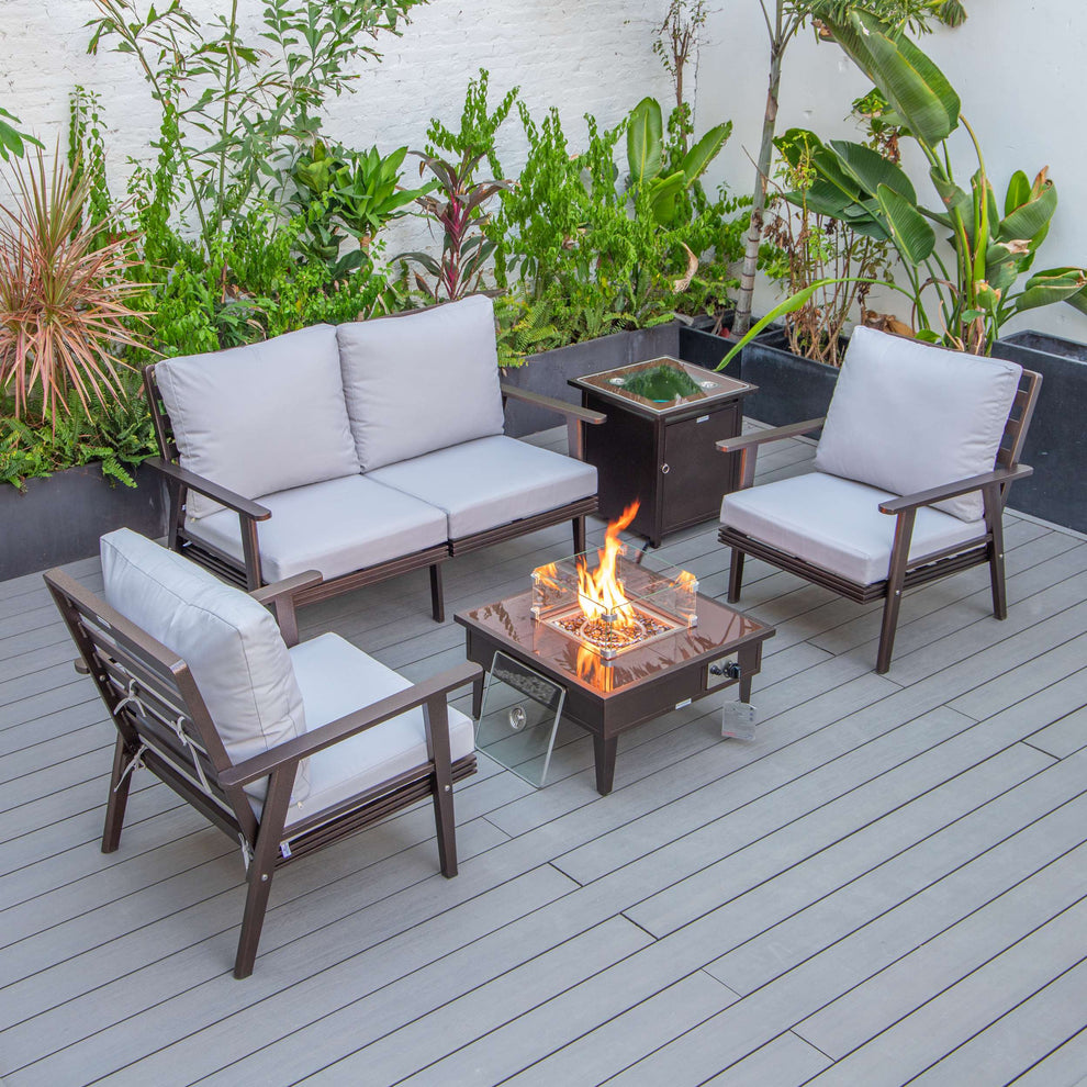 LeisureMod Walbrooke Modern Brown Patio Conversation With Square Fire Pit & Tank Holder | Outdoor Sofas, Loveseats & Sectionals | Modishstore - 115