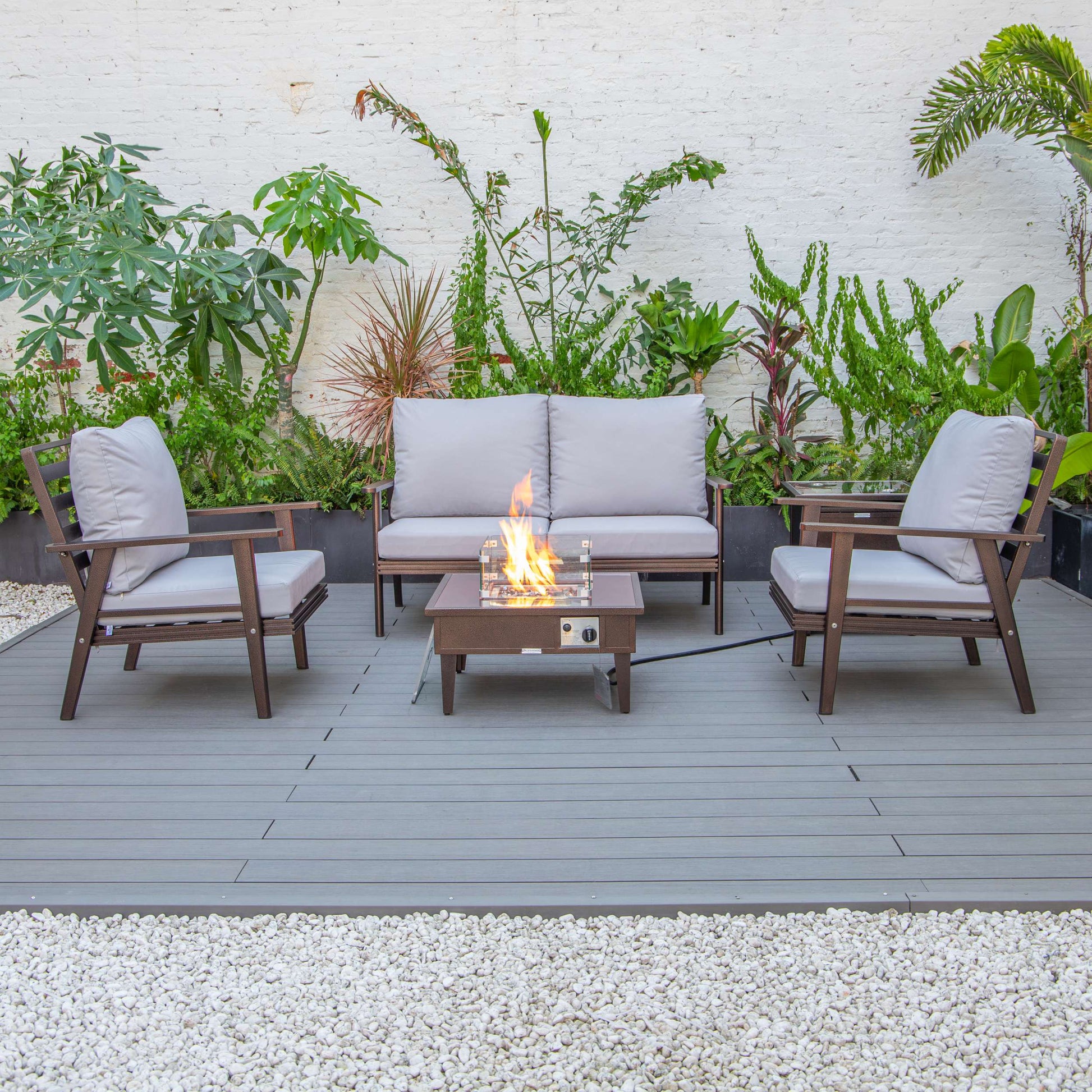 LeisureMod Walbrooke Modern Brown Patio Conversation With Square Fire Pit & Tank Holder | Outdoor Sofas, Loveseats & Sectionals | Modishstore - 117