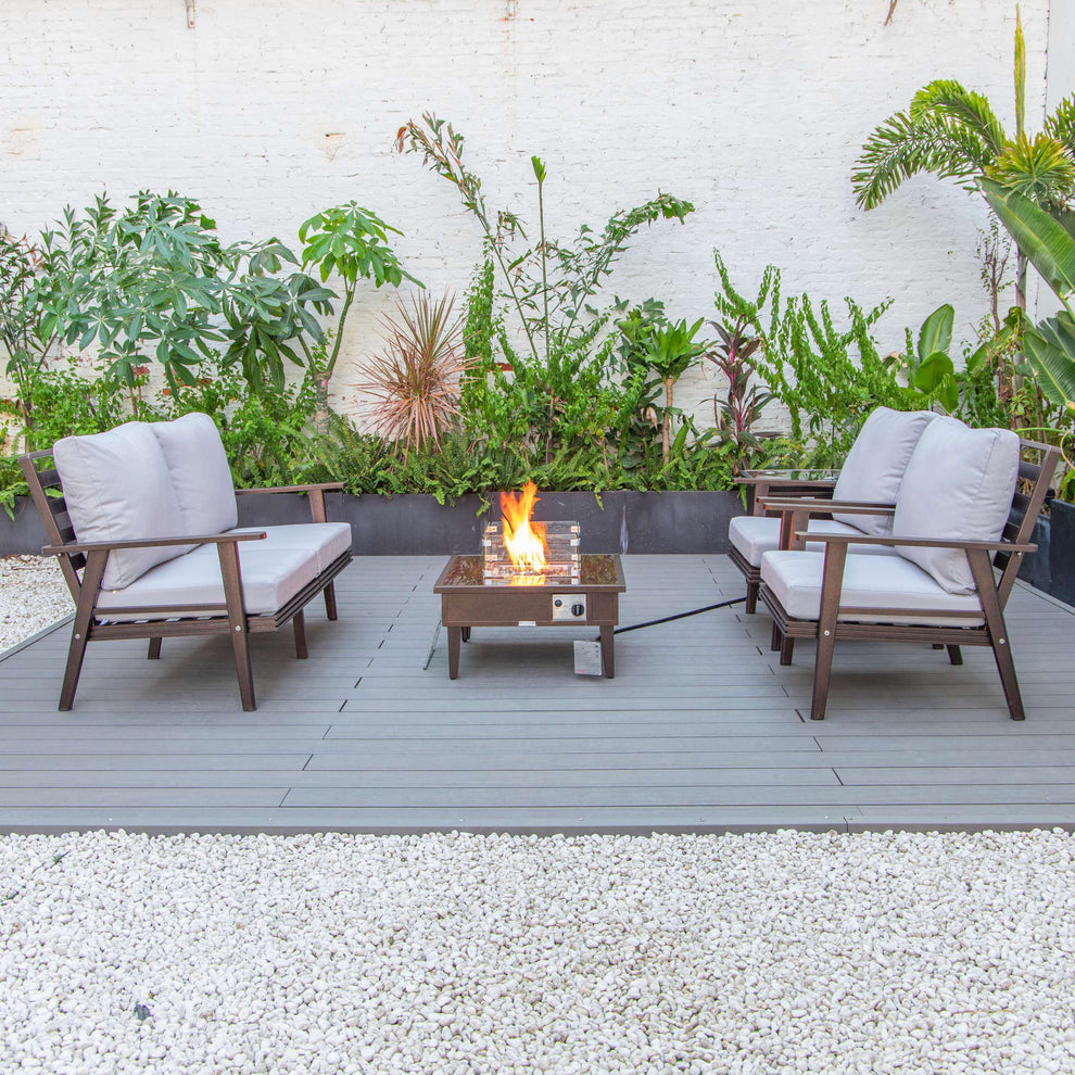 LeisureMod Walbrooke Modern Brown Patio Conversation With Square Fire Pit & Tank Holder | Outdoor Sofas, Loveseats & Sectionals | Modishstore - 111