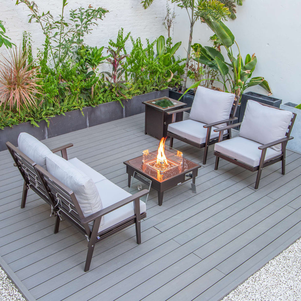 LeisureMod Walbrooke Modern Brown Patio Conversation With Square Fire Pit & Tank Holder | Outdoor Sofas, Loveseats & Sectionals | Modishstore - 109