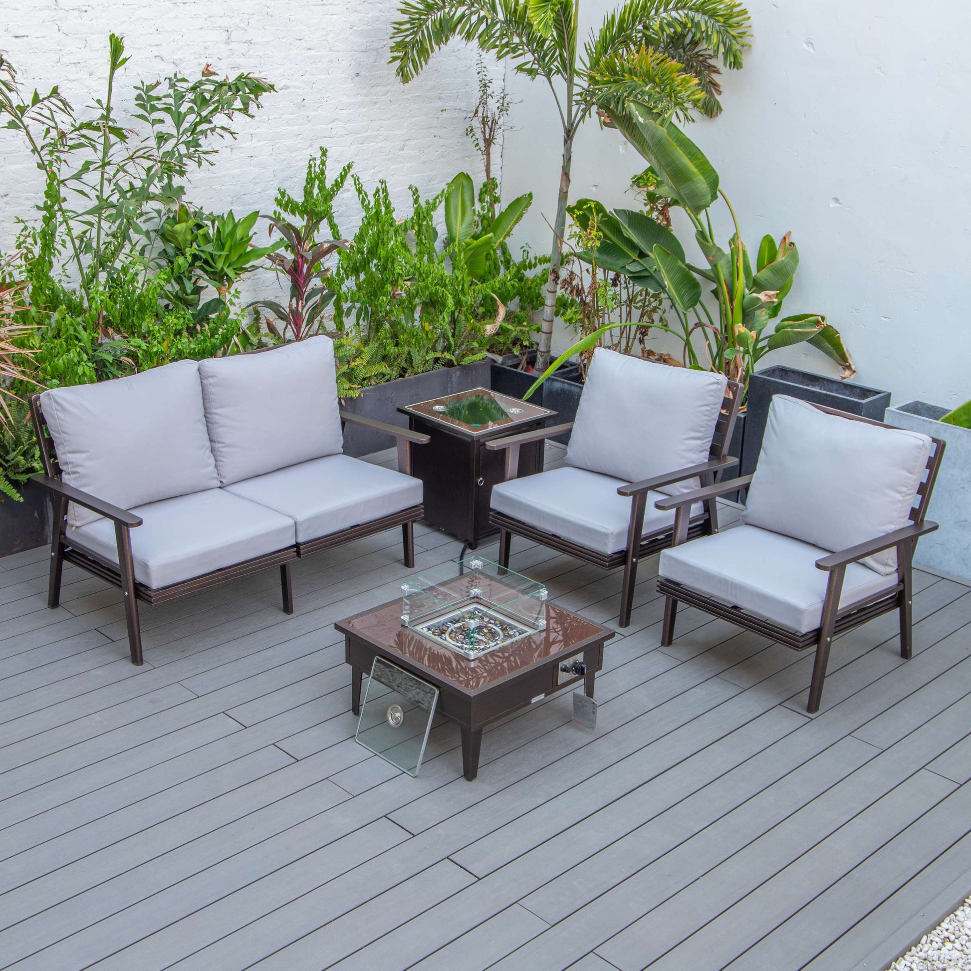 LeisureMod Walbrooke Modern Brown Patio Conversation With Square Fire Pit & Tank Holder | Outdoor Sofas, Loveseats & Sectionals | Modishstore - 113