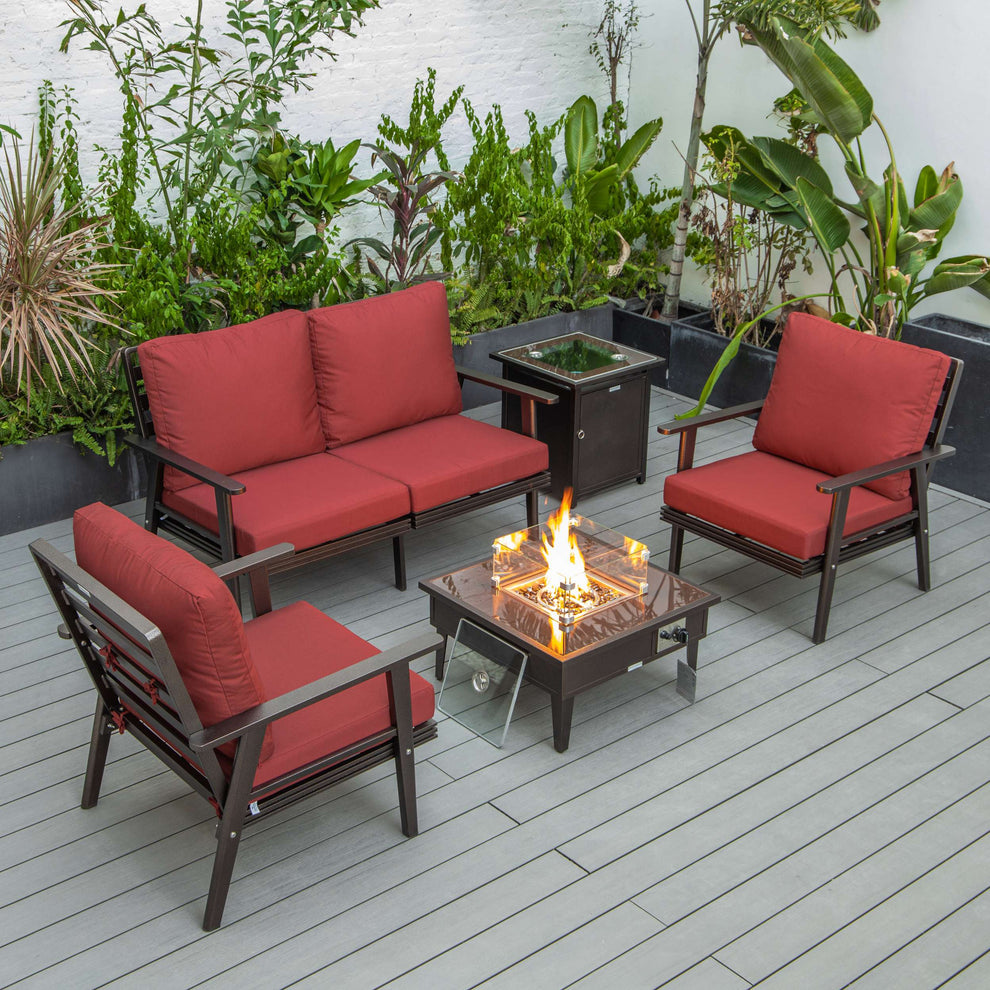 LeisureMod Walbrooke Modern Brown Patio Conversation With Square Fire Pit & Tank Holder | Outdoor Sofas, Loveseats & Sectionals | Modishstore - 209