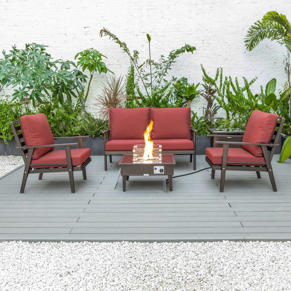 LeisureMod Walbrooke Modern Brown Patio Conversation With Square Fire Pit & Tank Holder | Outdoor Sofas, Loveseats & Sectionals | Modishstore - 215