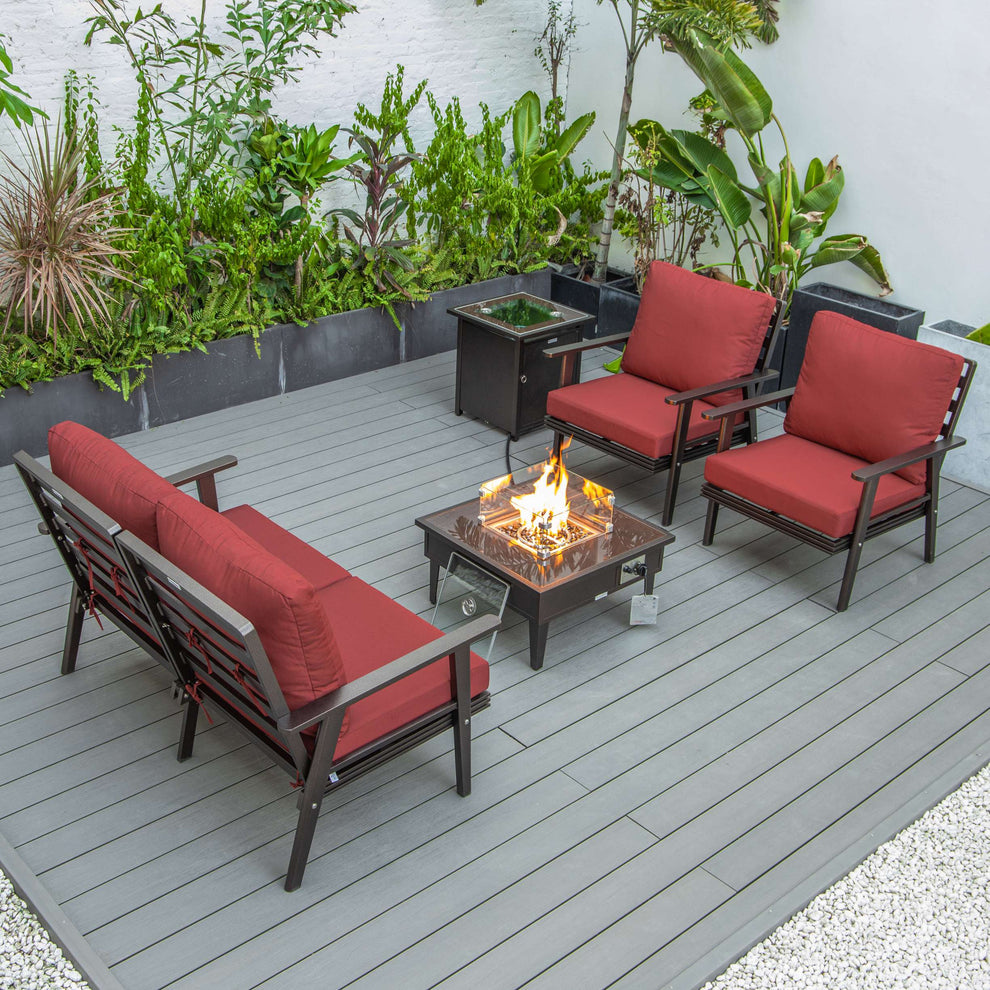 LeisureMod Walbrooke Modern Brown Patio Conversation With Square Fire Pit & Tank Holder | Outdoor Sofas, Loveseats & Sectionals | Modishstore - 207