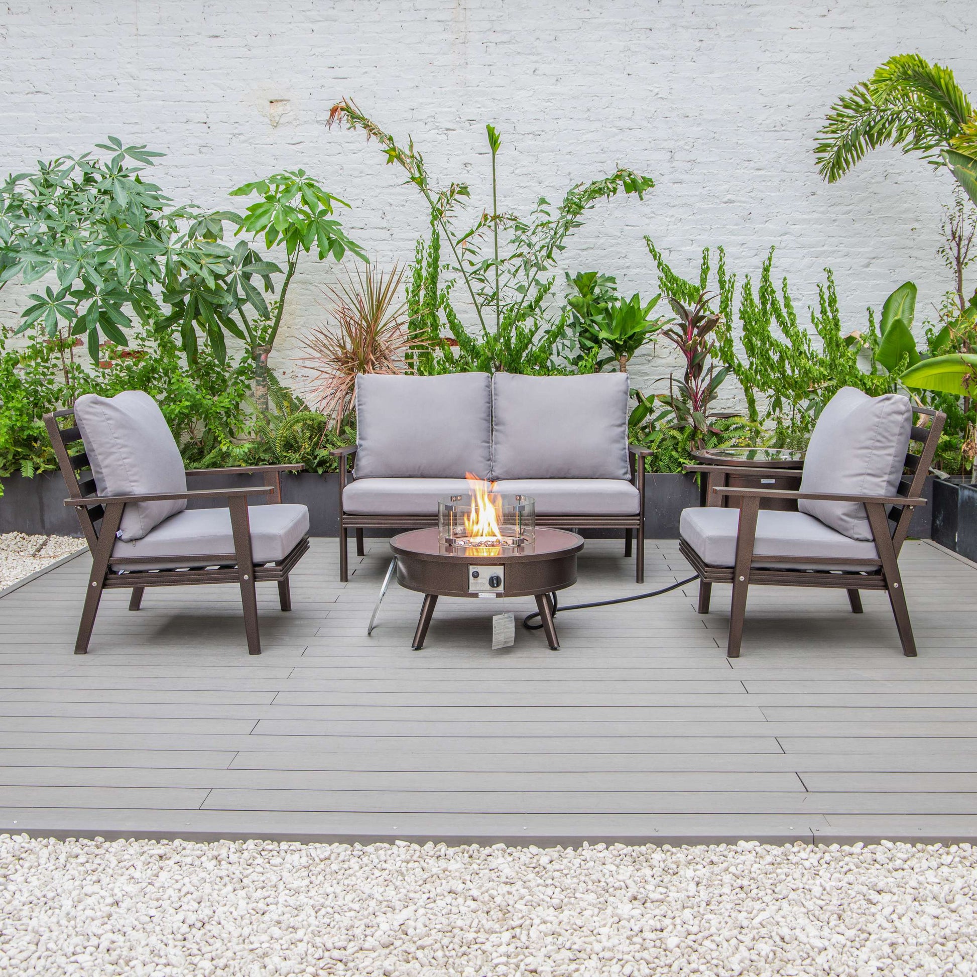 LeisureMod Walbrooke Modern Brown Patio Conversation With Round Fire Pit & Tank Holder | Outdoor Sofas, Loveseats & Sectionals | Modishstore - 85