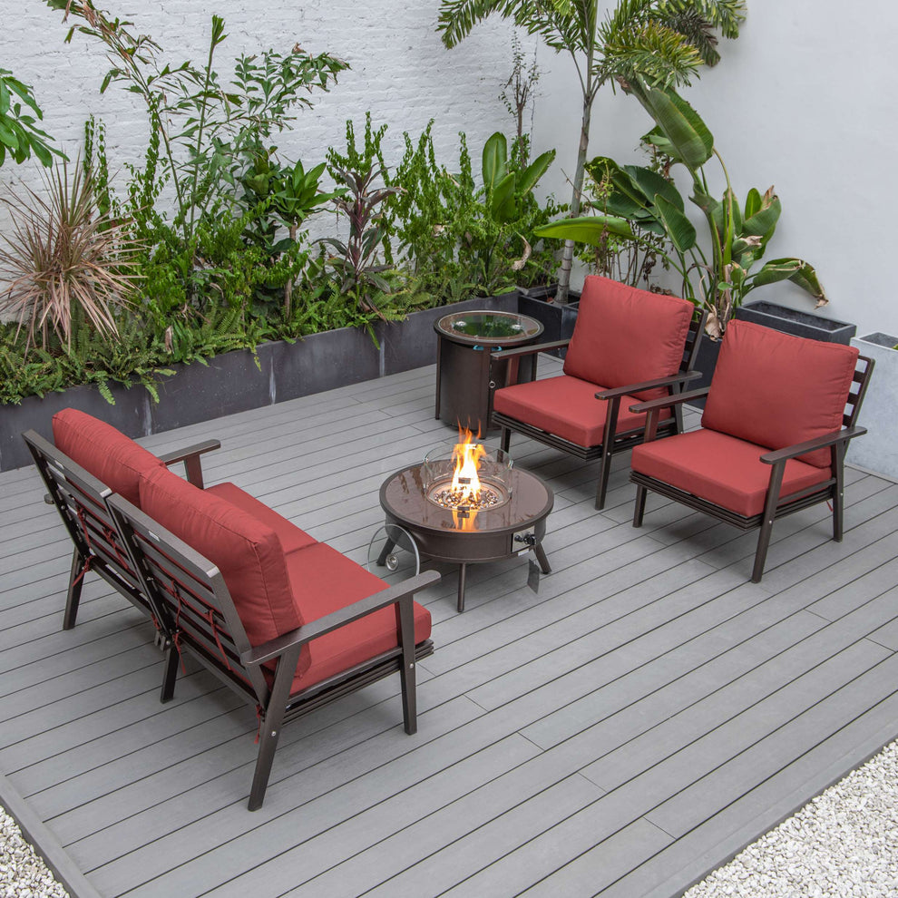 LeisureMod Walbrooke Modern Brown Patio Conversation With Round Fire Pit & Tank Holder | Outdoor Sofas, Loveseats & Sectionals | Modishstore - 140