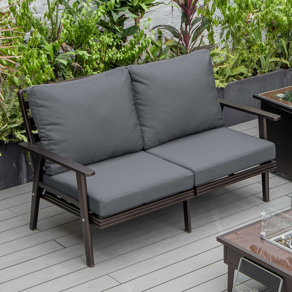 Leisuremod Walbrooke Modern Outdoor Patio Loveseat with Brown Aluminum Frame and Removable Cushions For Patio and Backyard Garden | Outdoor Sofas, Loveseats & Sectionals | Modishstore