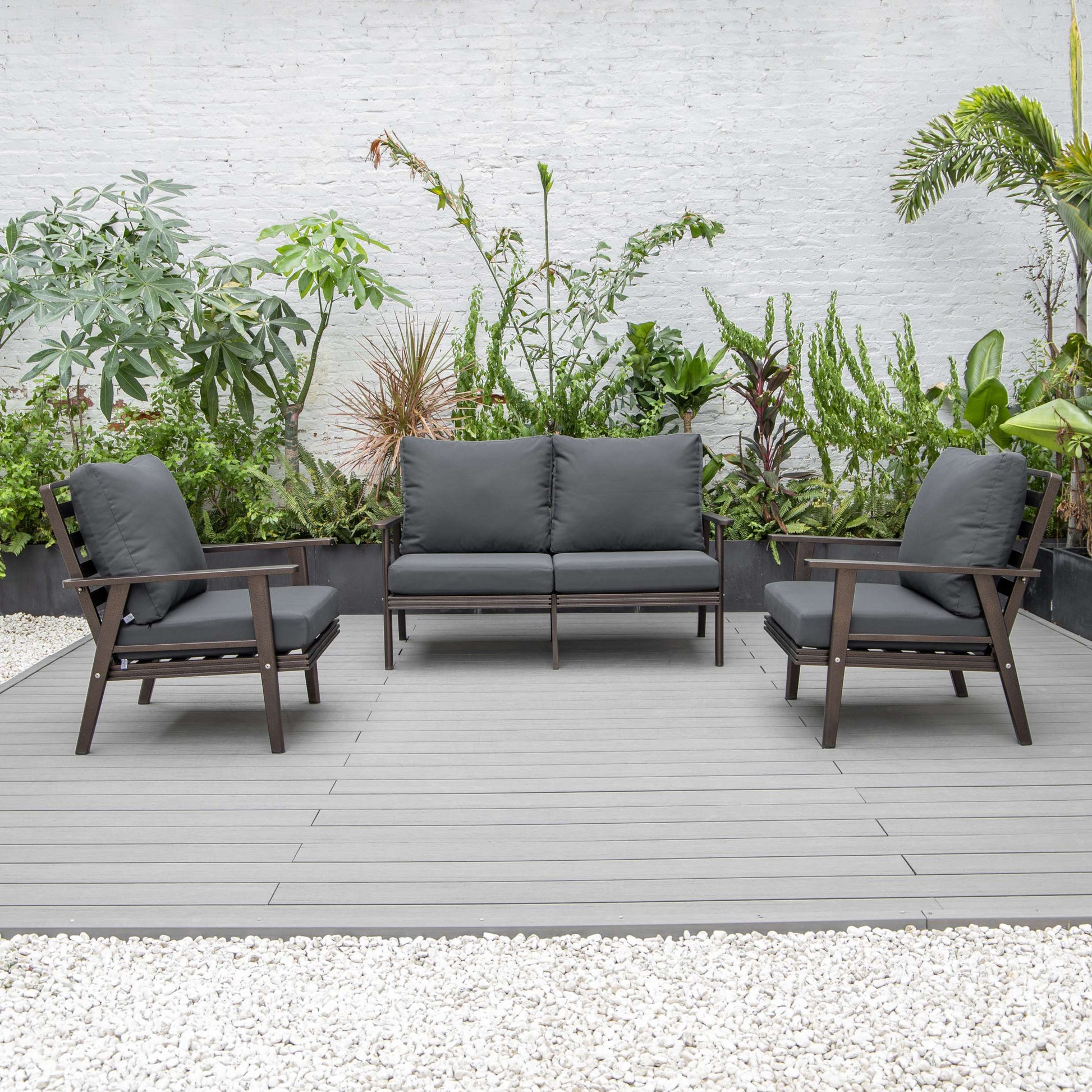 LeisureMod Walbrooke Modern 3-Piece Outdoor Patio Set with Brown Aluminum Frame | Outdoor Sofas, Loveseats & Sectionals | Modishstore