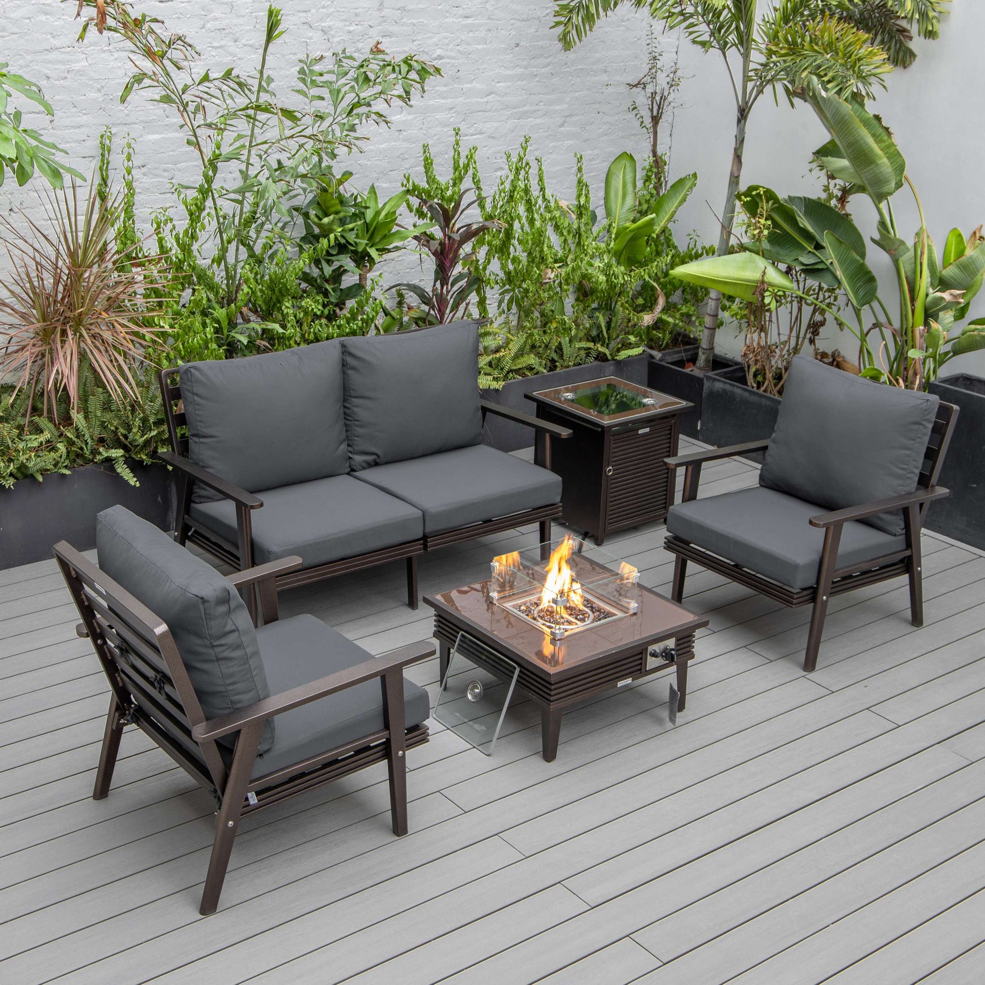 LeisureMod Walbrooke Modern Brown Patio Conversation With Square Fire Pit & Tank Holder | Outdoor Sofas, Loveseats & Sectionals | Modishstore - 17
