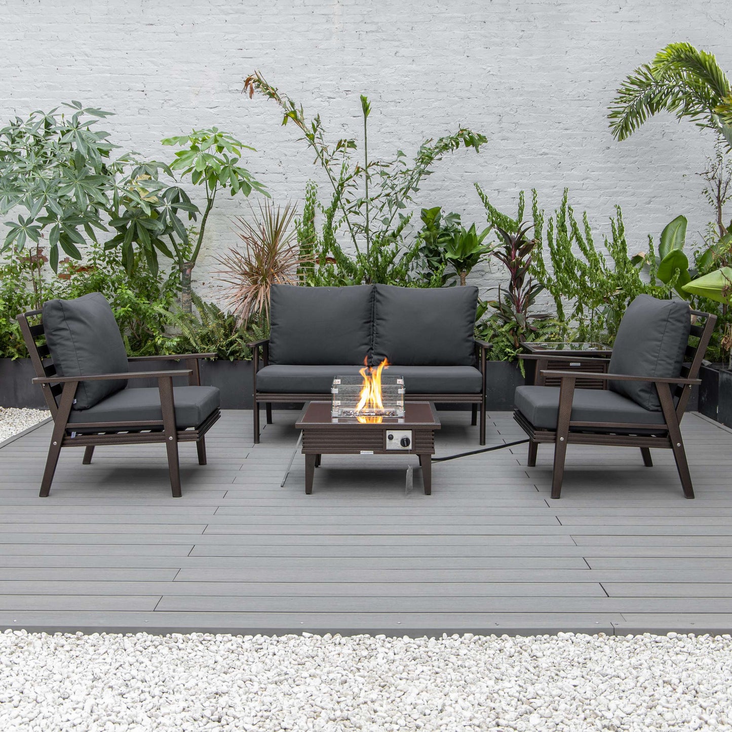 LeisureMod Walbrooke Modern Brown Patio Conversation With Square Fire Pit & Tank Holder | Outdoor Sofas, Loveseats & Sectionals | Modishstore - 18