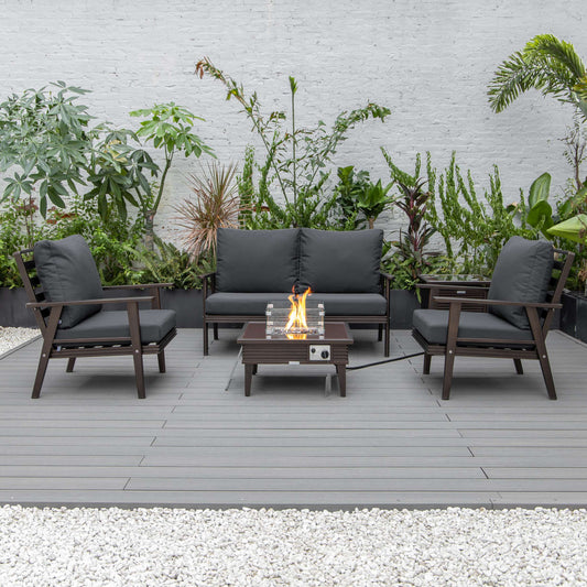 LeisureMod Walbrooke Modern Brown Patio Conversation With Square Fire Pit With Slats Design & Tank Holder | Outdoor Sofas, Loveseats & Sectionals | Modishstore