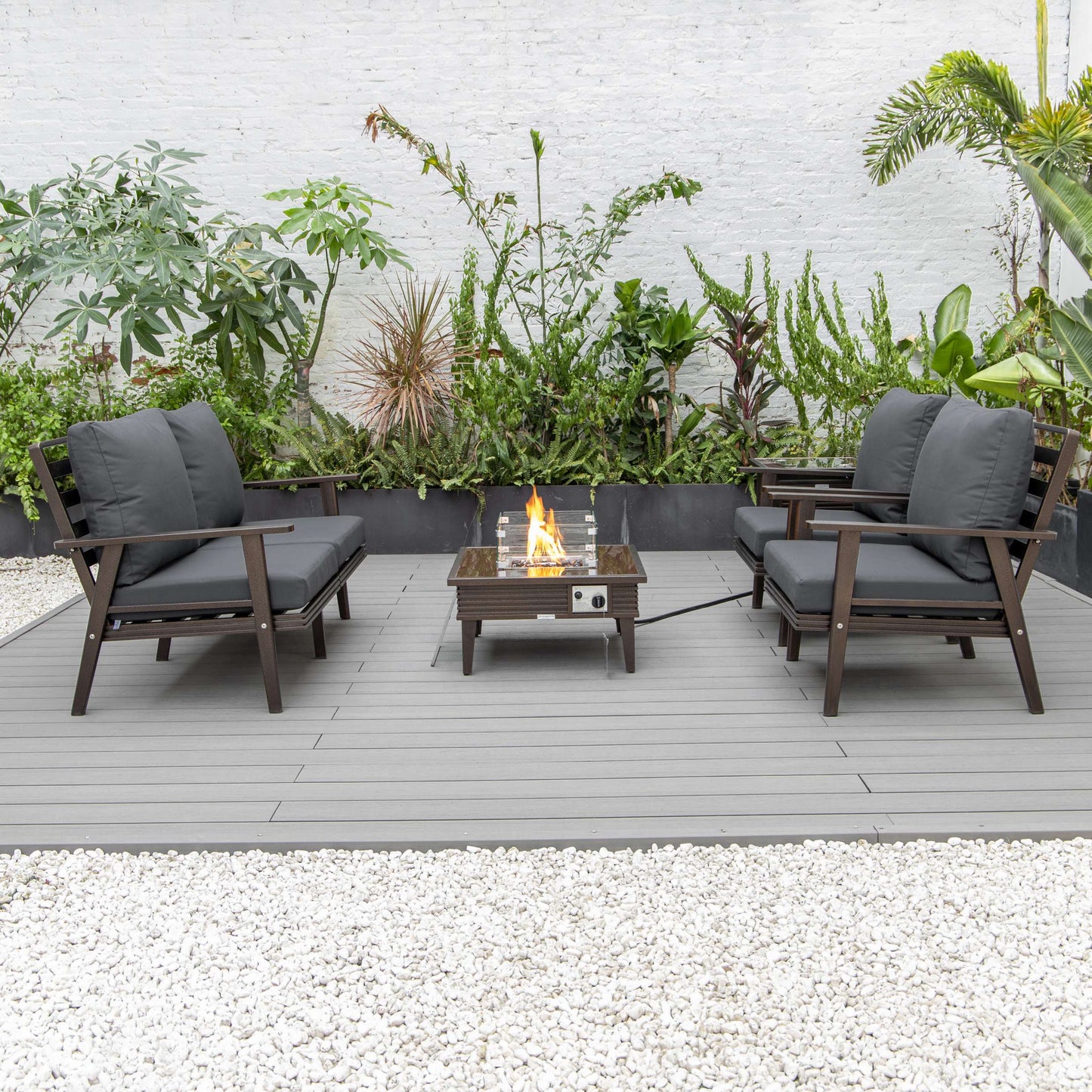 LeisureMod Walbrooke Modern Brown Patio Conversation With Square Fire Pit With Slats Design & Tank Holder | Outdoor Sofas, Loveseats & Sectionals | Modishstore - 9