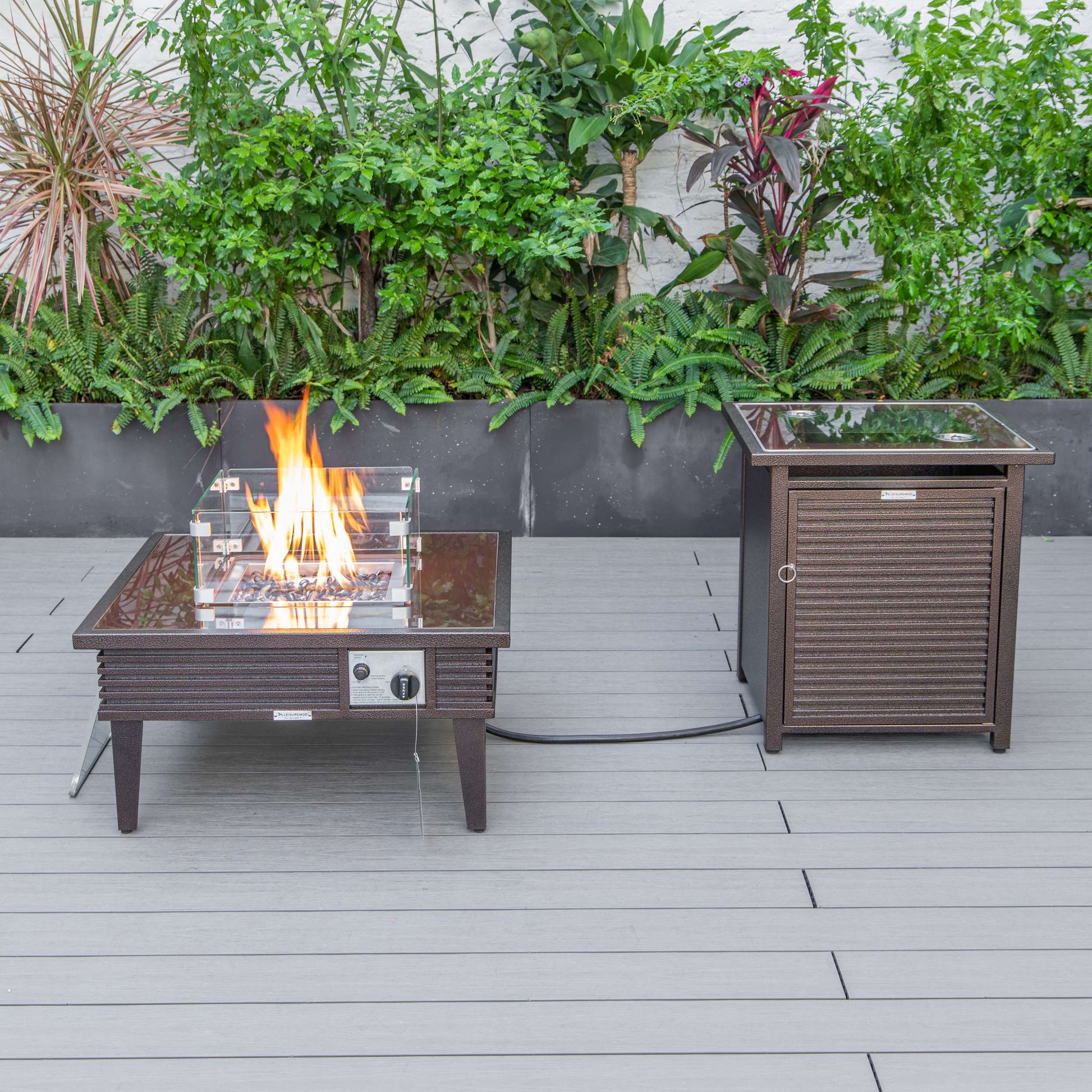 LeisureMod Walbrooke Modern Brown Patio Conversation With Square Fire Pit With Slats Design & Tank Holder | Outdoor Sofas, Loveseats & Sectionals | Modishstore - 7
