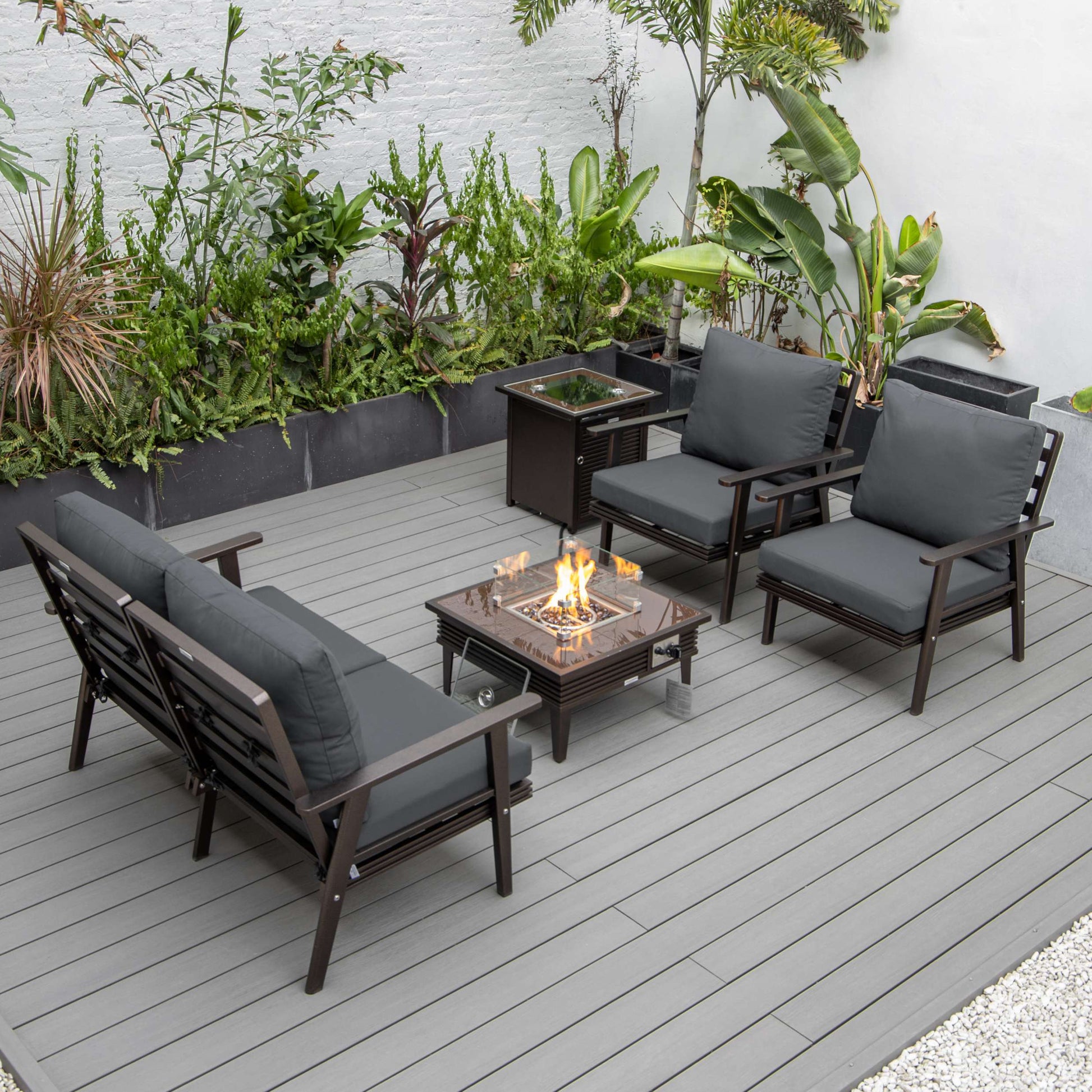 LeisureMod Walbrooke Modern Brown Patio Conversation With Square Fire Pit With Slats Design & Tank Holder | Outdoor Sofas, Loveseats & Sectionals | Modishstore - 2