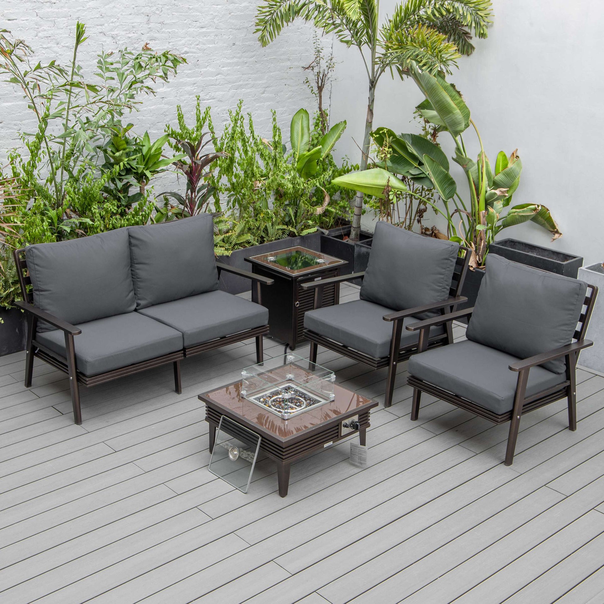 LeisureMod Walbrooke Modern Brown Patio Conversation With Square Fire Pit With Slats Design & Tank Holder | Outdoor Sofas, Loveseats & Sectionals | Modishstore - 3