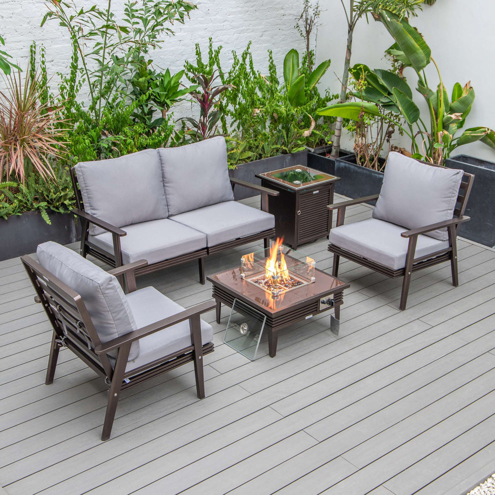 LeisureMod Walbrooke Modern Brown Patio Conversation With Square Fire Pit & Tank Holder | Outdoor Sofas, Loveseats & Sectionals | Modishstore - 144