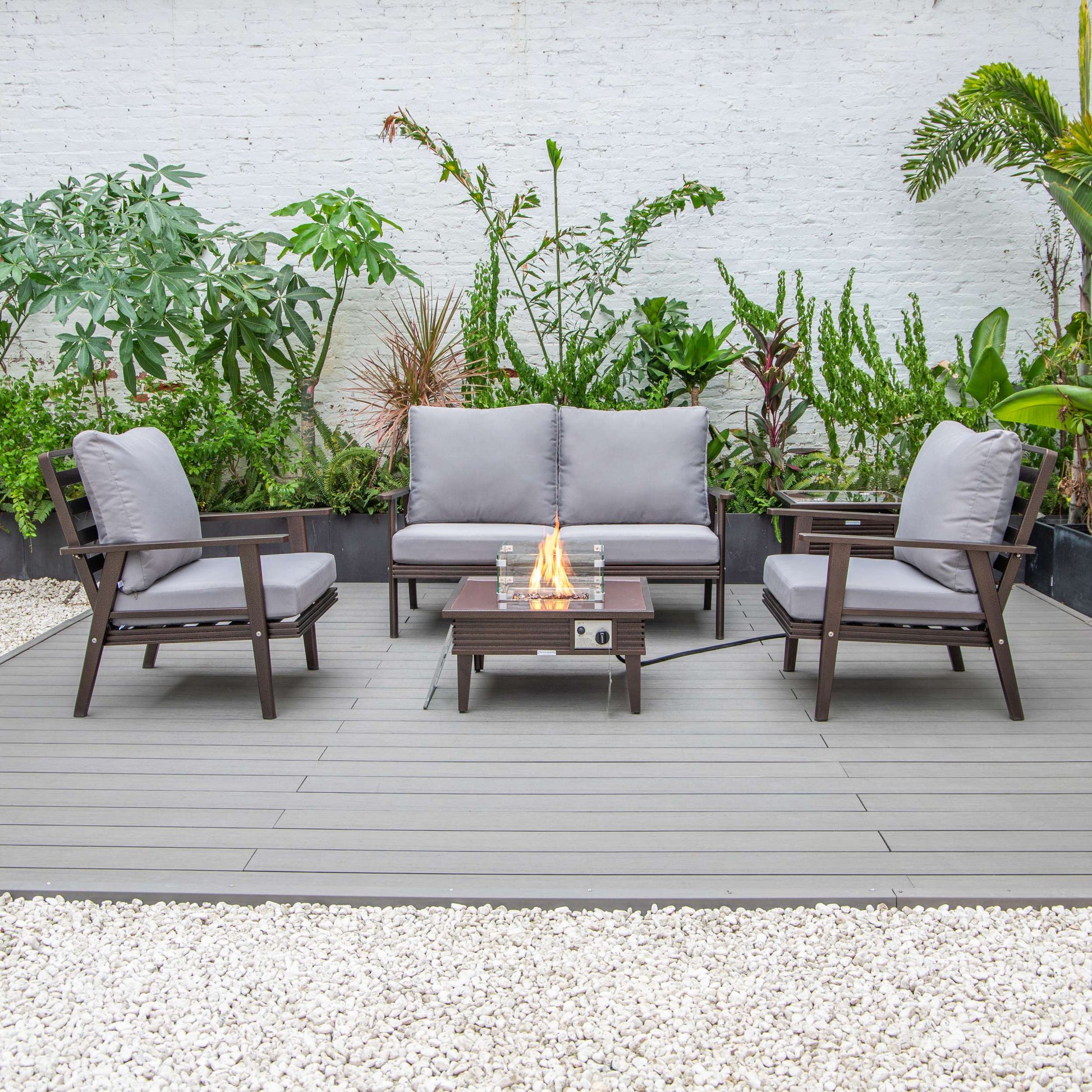 LeisureMod Walbrooke Modern Brown Patio Conversation With Square Fire Pit With Slats Design & Tank Holder | Outdoor Sofas, Loveseats & Sectionals | Modishstore - 58