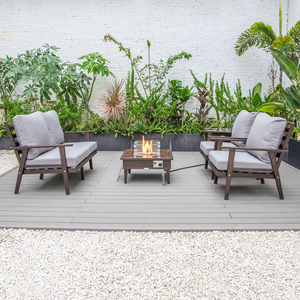 LeisureMod Walbrooke Modern Brown Patio Conversation With Square Fire Pit With Slats Design & Tank Holder | Outdoor Sofas, Loveseats & Sectionals | Modishstore - 66