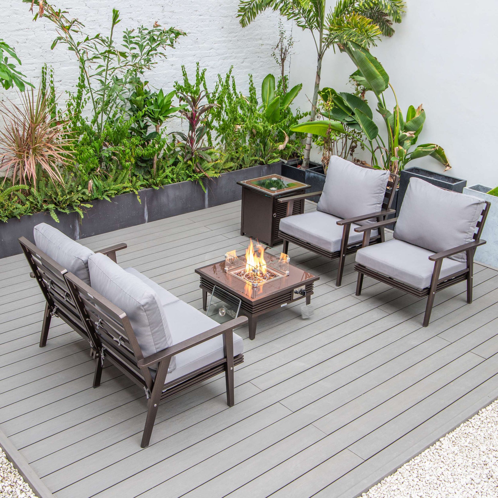 LeisureMod Walbrooke Modern Brown Patio Conversation With Square Fire Pit With Slats Design & Tank Holder | Outdoor Sofas, Loveseats & Sectionals | Modishstore - 65