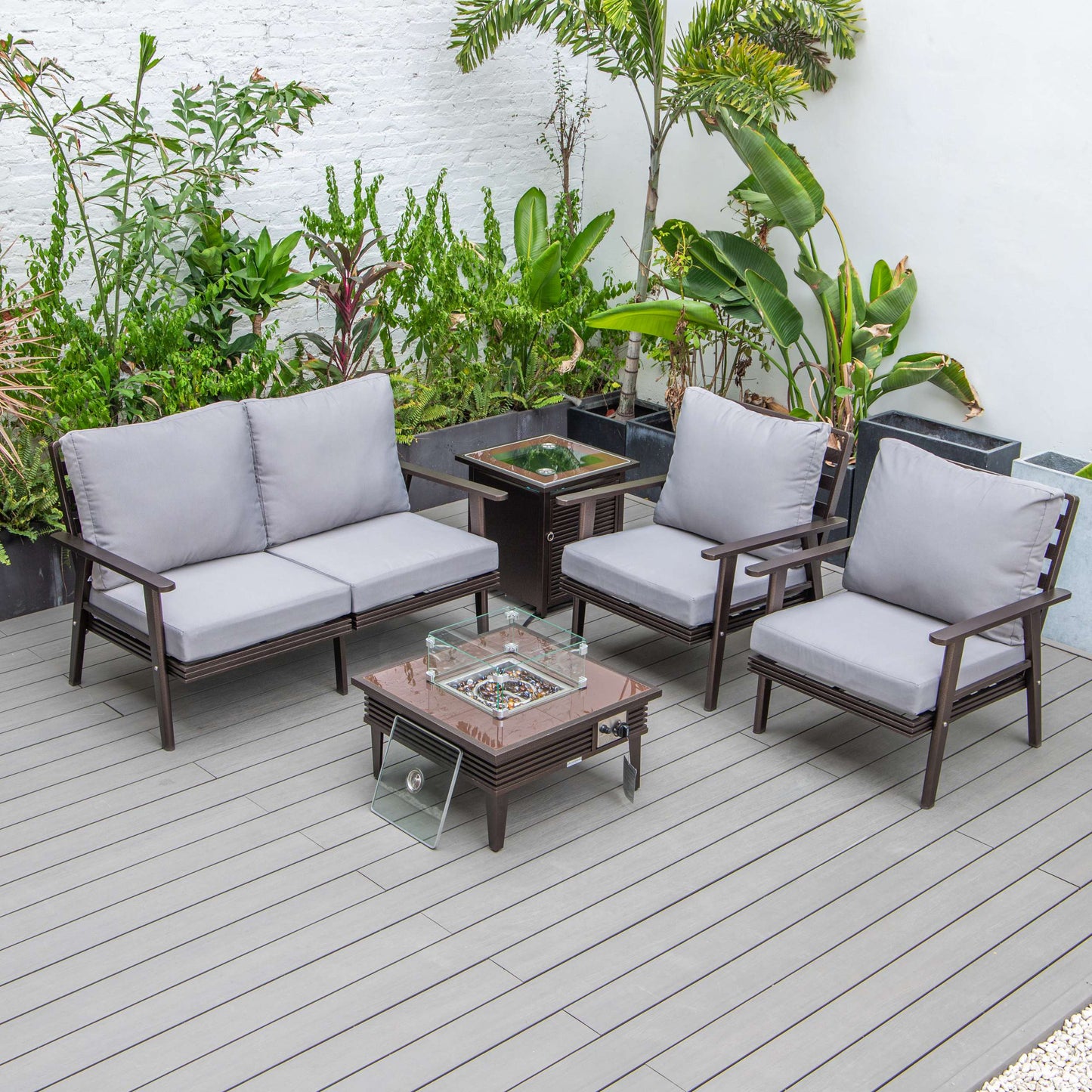 LeisureMod Walbrooke Modern Brown Patio Conversation With Square Fire Pit & Tank Holder | Outdoor Sofas, Loveseats & Sectionals | Modishstore - 191