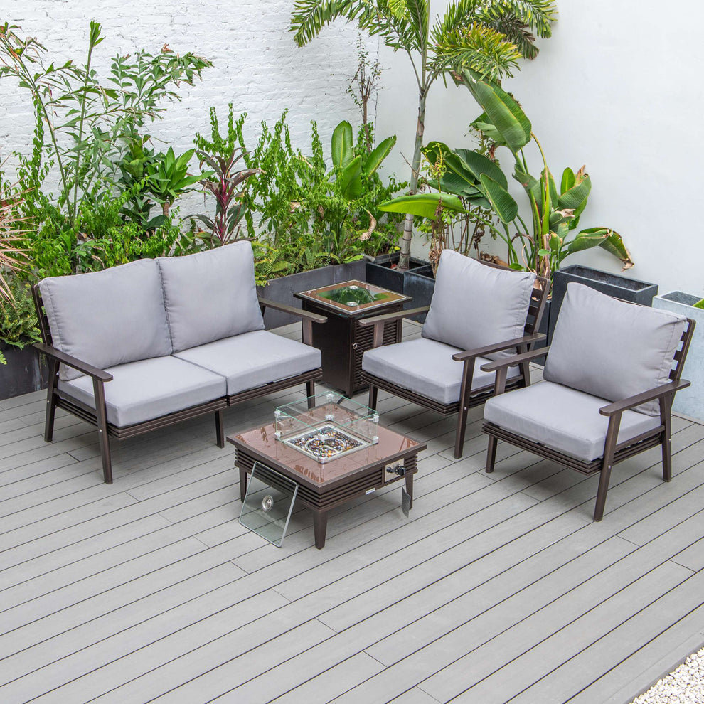 LeisureMod Walbrooke Modern Brown Patio Conversation With Square Fire Pit With Slats Design & Tank Holder | Outdoor Sofas, Loveseats & Sectionals | Modishstore - 67