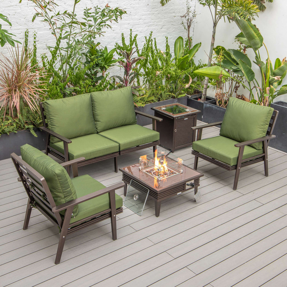 LeisureMod Walbrooke Modern Brown Patio Conversation With Square Fire Pit With Slats Design & Tank Holder | Outdoor Sofas, Loveseats & Sectionals | Modishstore - 43