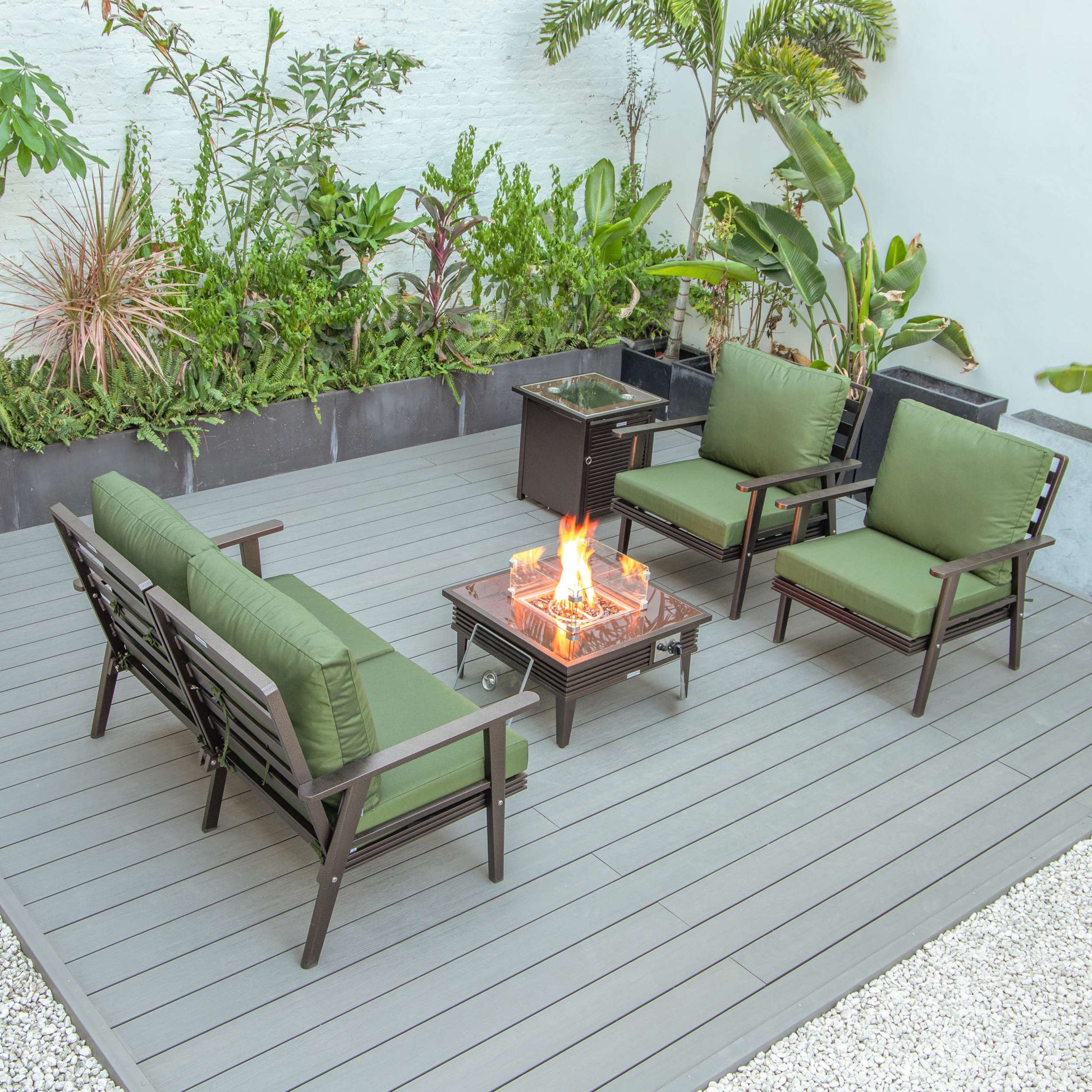 LeisureMod Walbrooke Modern Brown Patio Conversation With Square Fire Pit With Slats Design & Tank Holder | Outdoor Sofas, Loveseats & Sectionals | Modishstore - 41