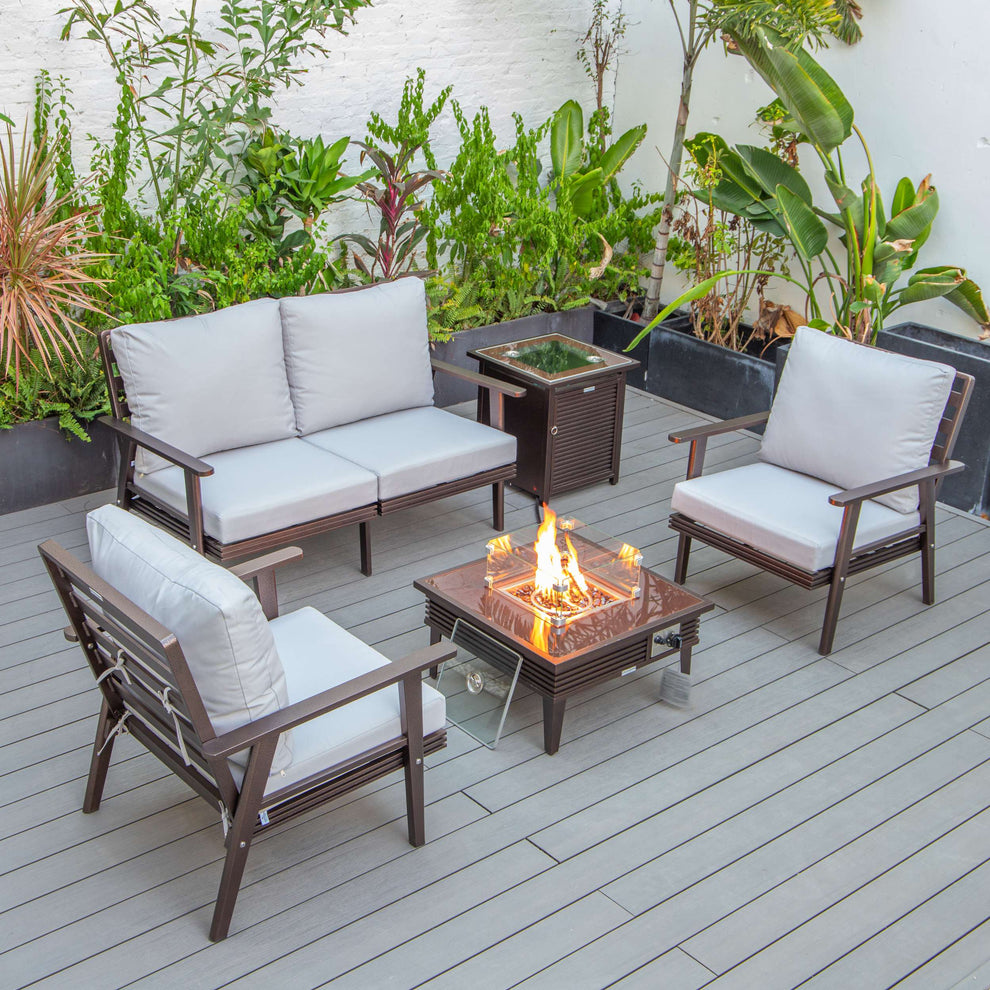 LeisureMod Walbrooke Modern Brown Patio Conversation With Square Fire Pit & Tank Holder | Outdoor Sofas, Loveseats & Sectionals | Modishstore - 101