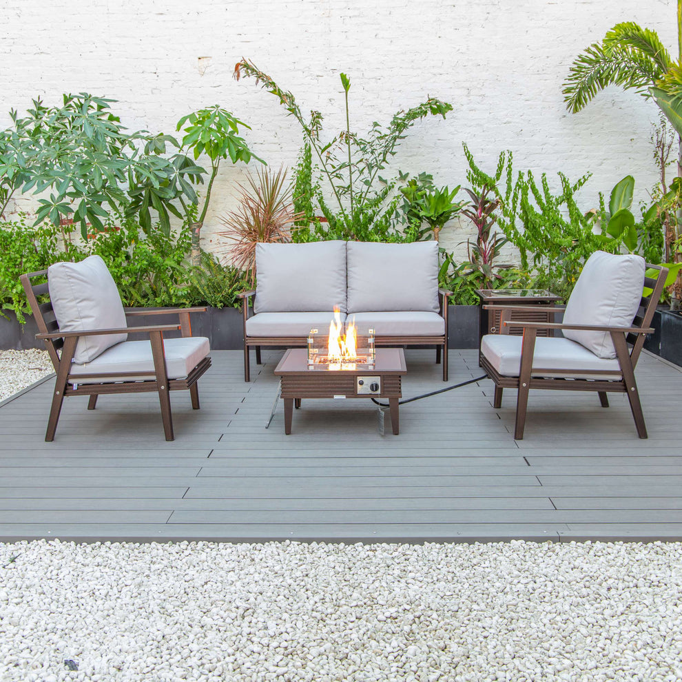 LeisureMod Walbrooke Modern Brown Patio Conversation With Square Fire Pit With Slats Design & Tank Holder | Outdoor Sofas, Loveseats & Sectionals | Modishstore - 44